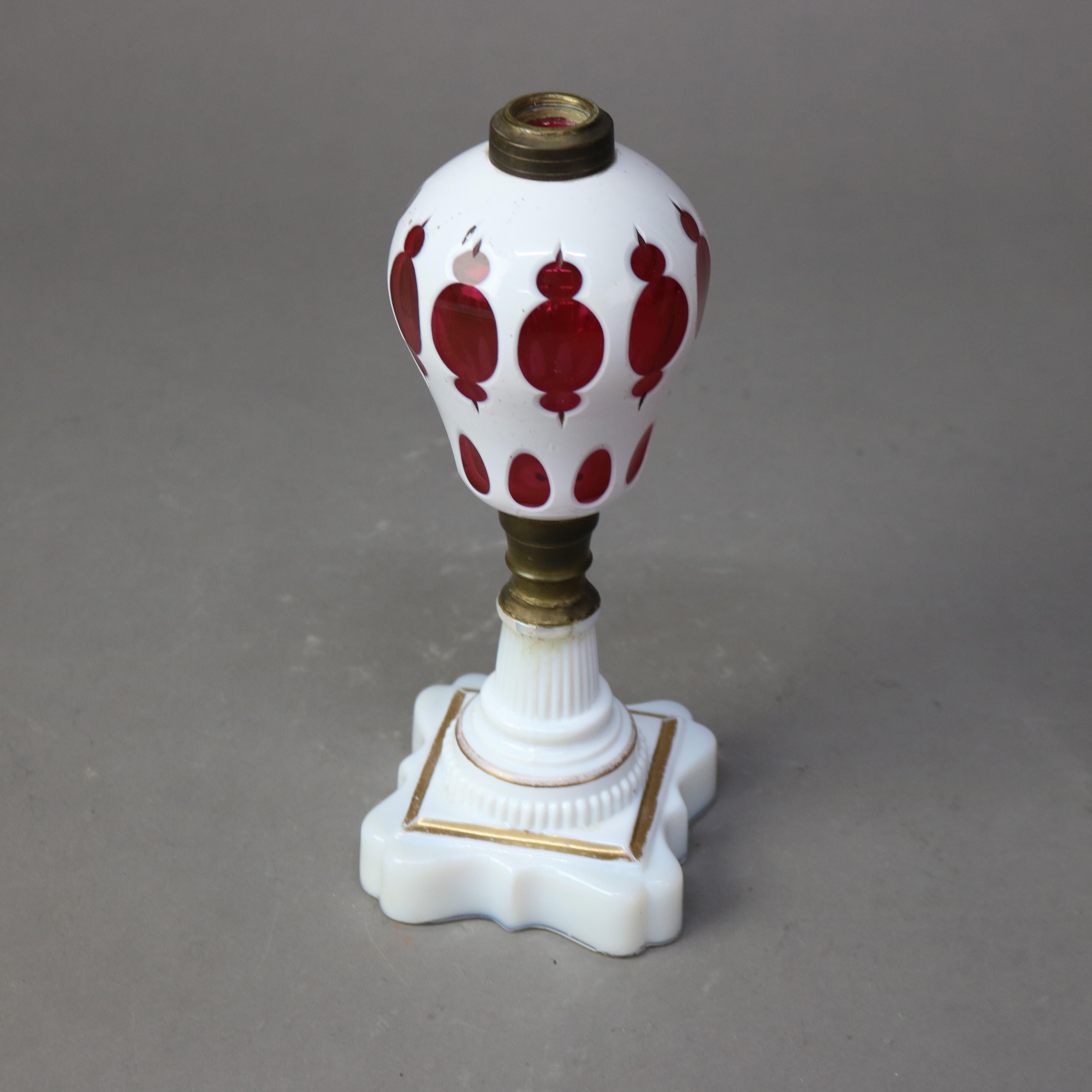 American Antique Bohemian Opalescent Cut To Cranberry Glass Oil Lamp C1850