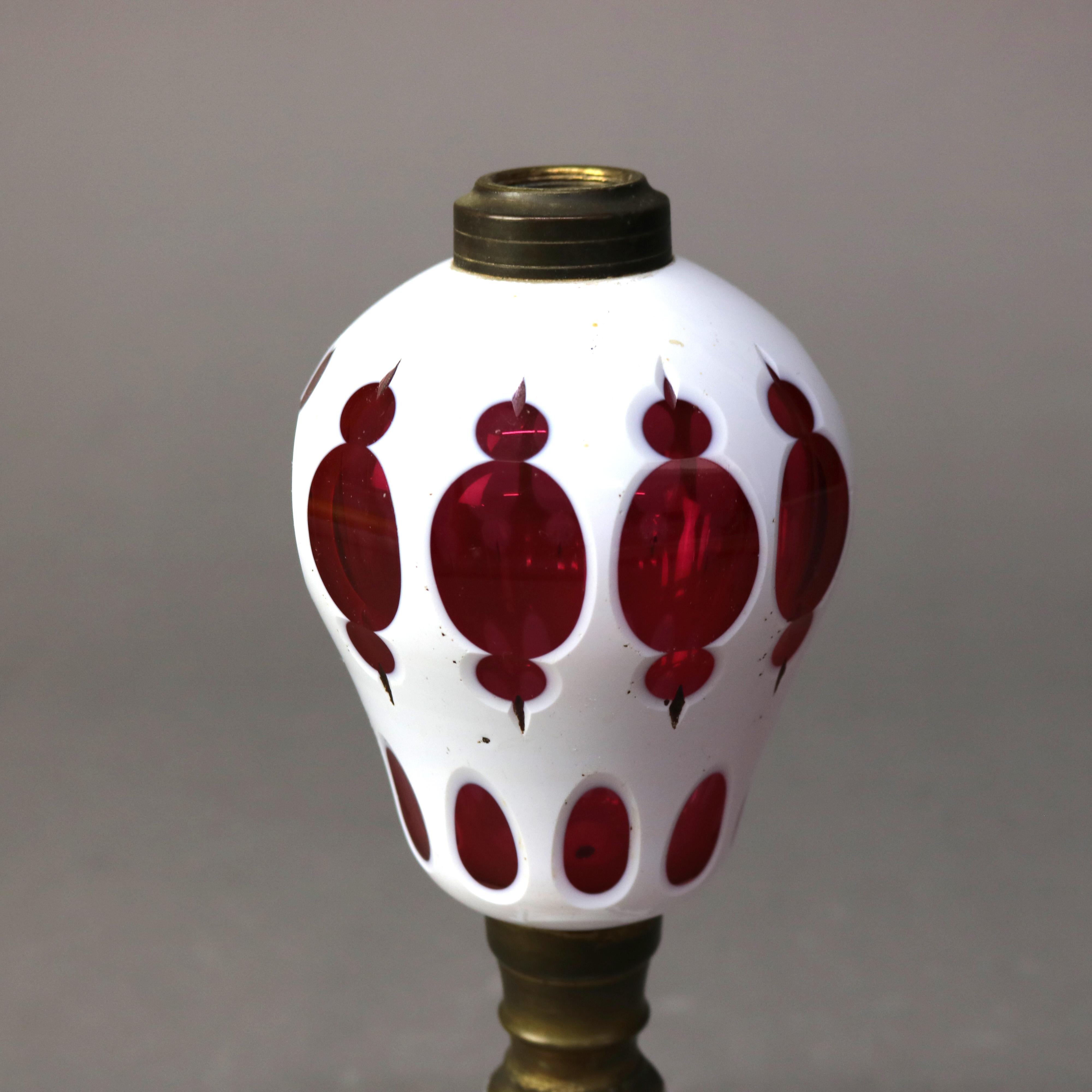19th Century Antique Bohemian Opalescent Cut To Cranberry Glass Oil Lamp C1850