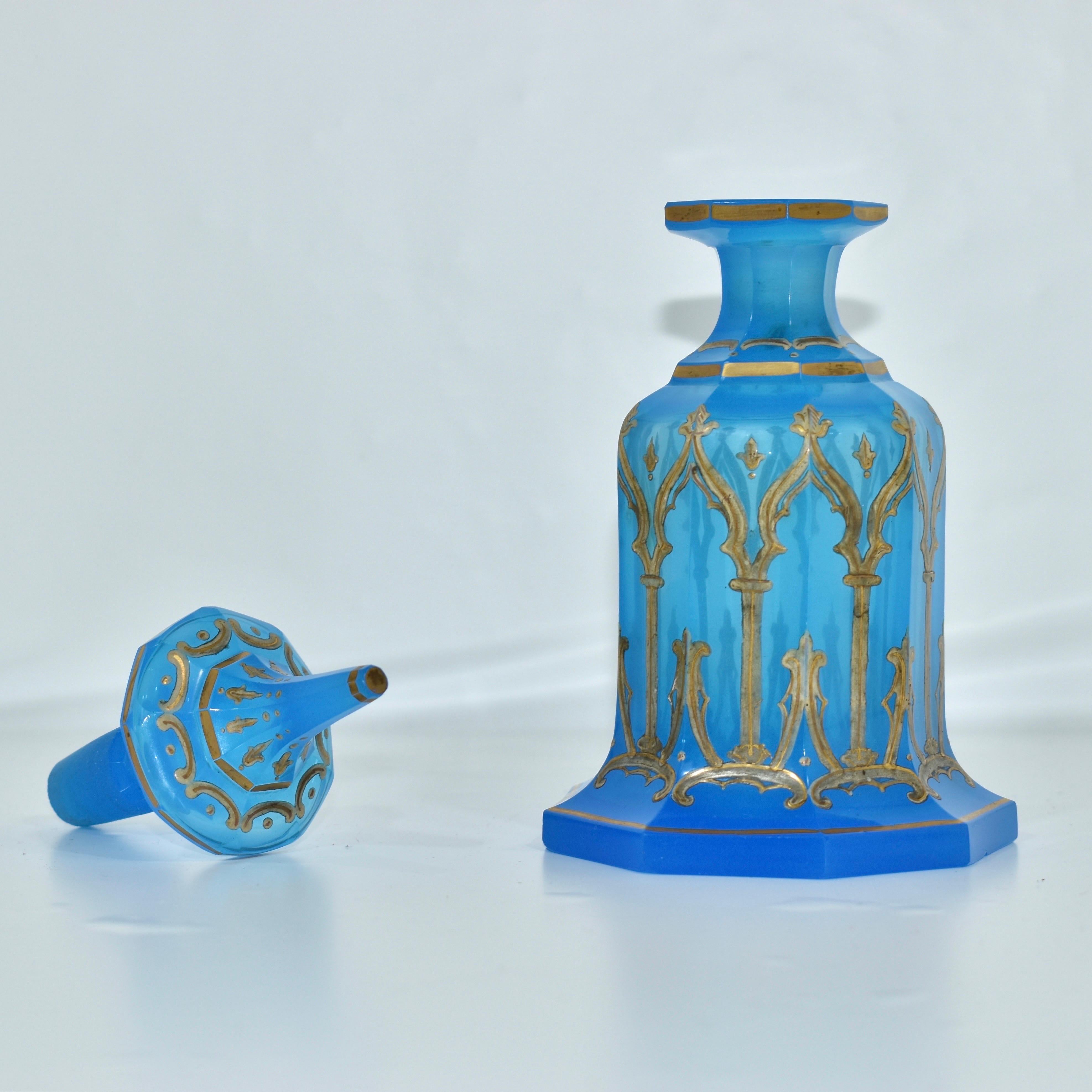 Opaline Glass Antique Bohemian Opaline Enameled Glass Perfume Bottle, Flacon, 19th Century For Sale