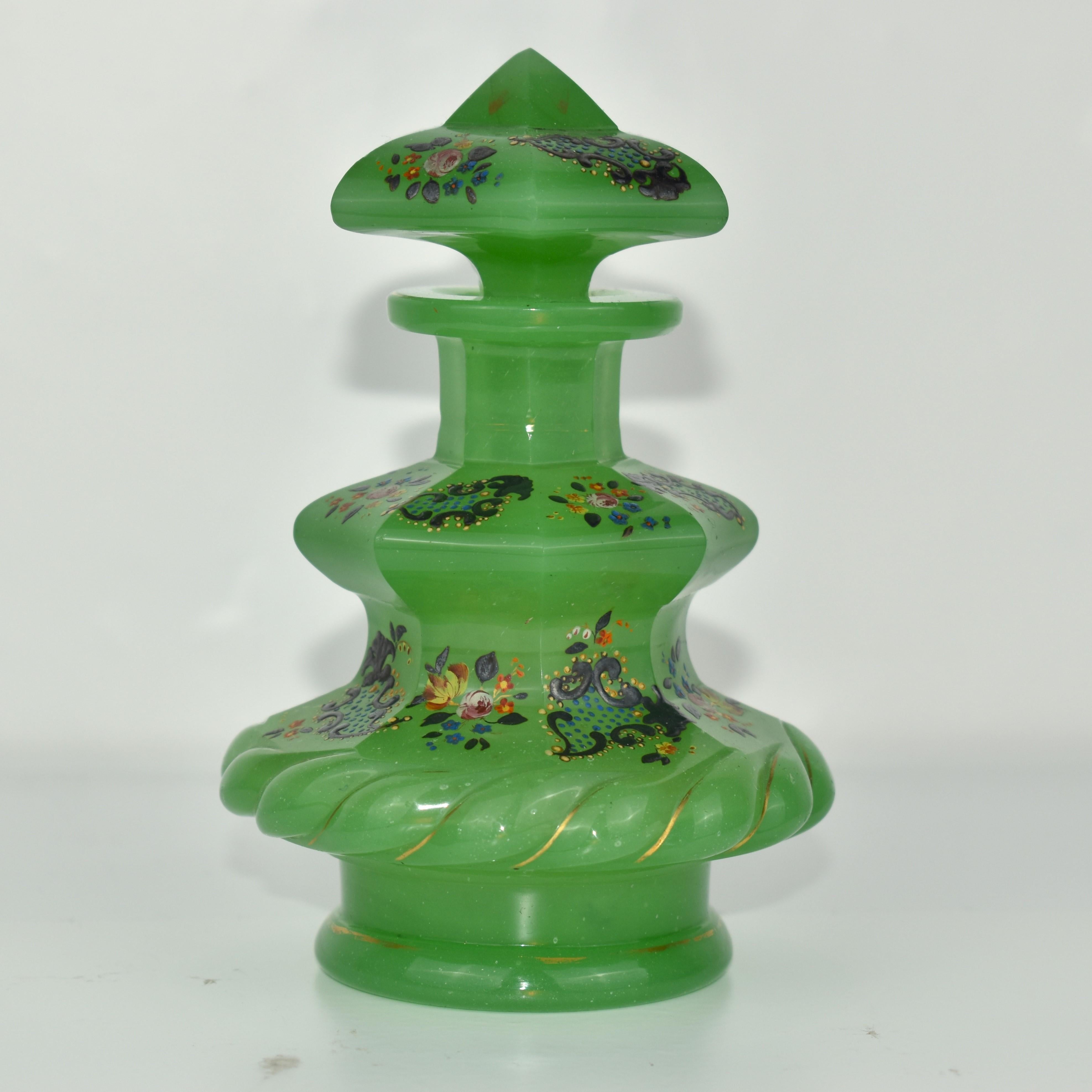 Antique Bohemian Opaline Glass Perfume Bottle and Stopper From the Biedermeier Era

Green Uranium Opaline Alabaster Glass

Beautifully Cut and Decorated with Colorful Enamel Hand-Painting

Bohemia, 19th Century.