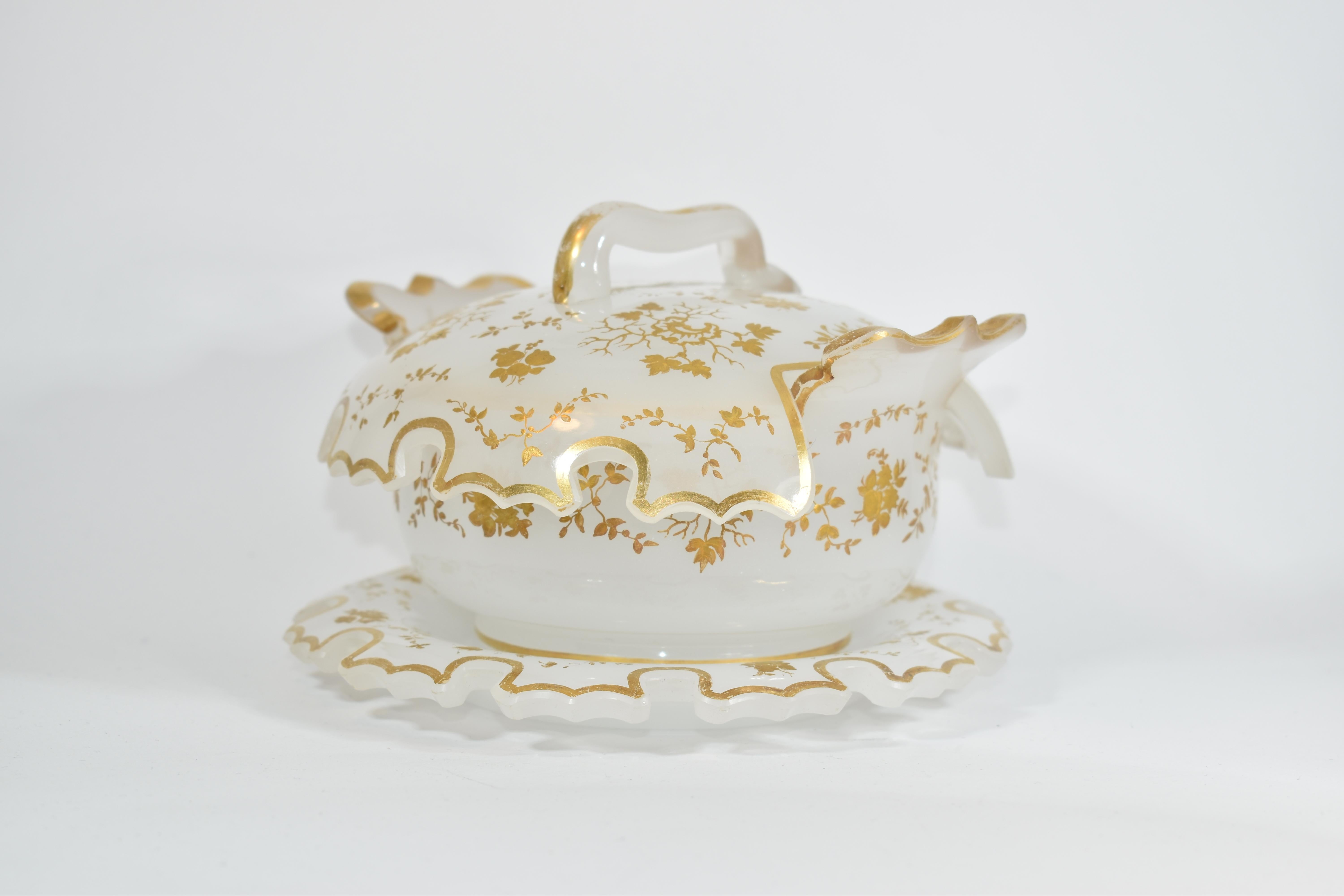 Enameled Antique Bohemian Opaline Enamelled Glass Sugar Bowl, Candy Box, Bonbonniere