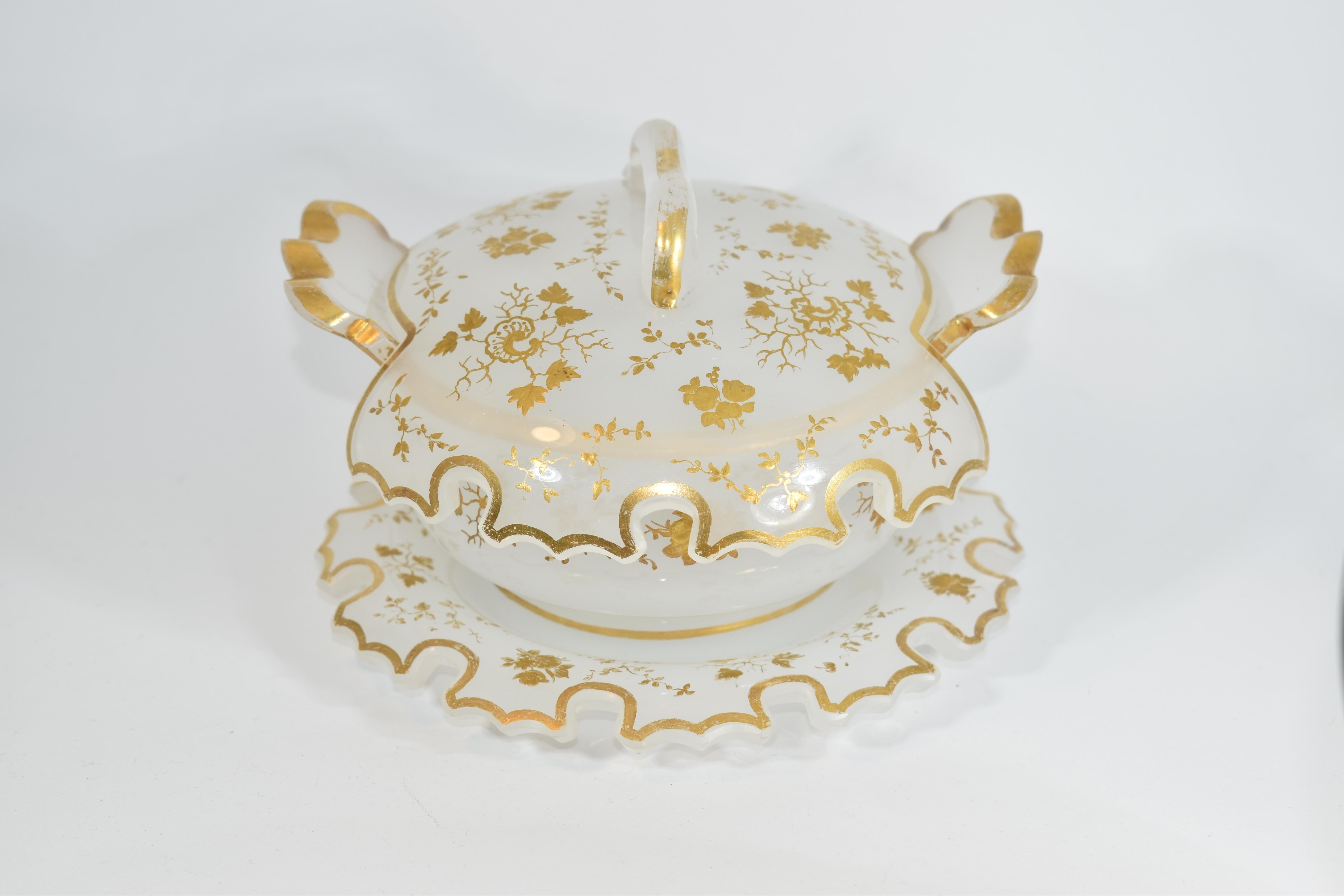 19th Century Antique Bohemian Opaline Enamelled Glass Sugar Bowl, Candy Box, Bonbonniere