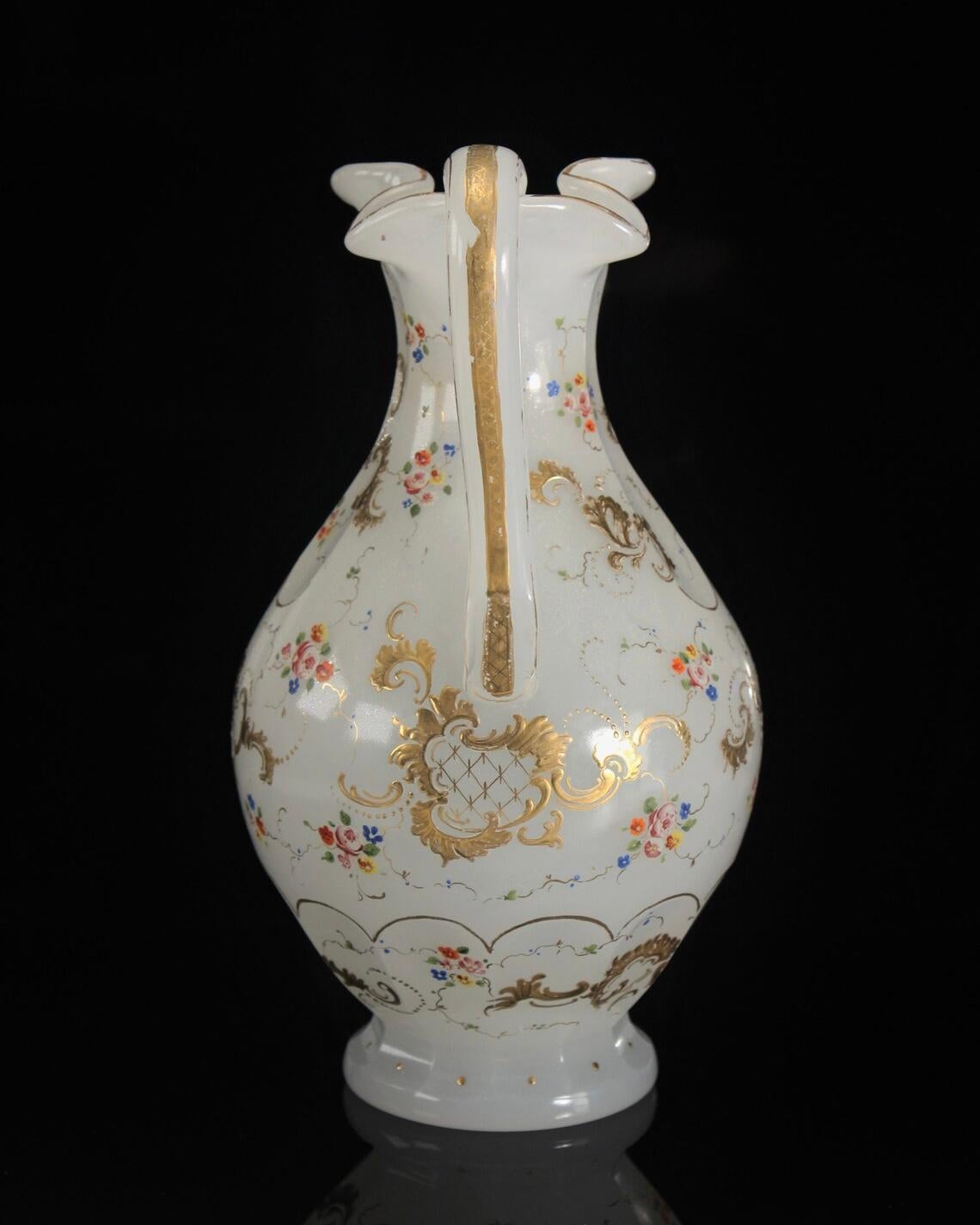 Enamel Antique Bohemian Opaline Glass Pitcher, Jug, 19th Century, Moser, Biedermeier  For Sale