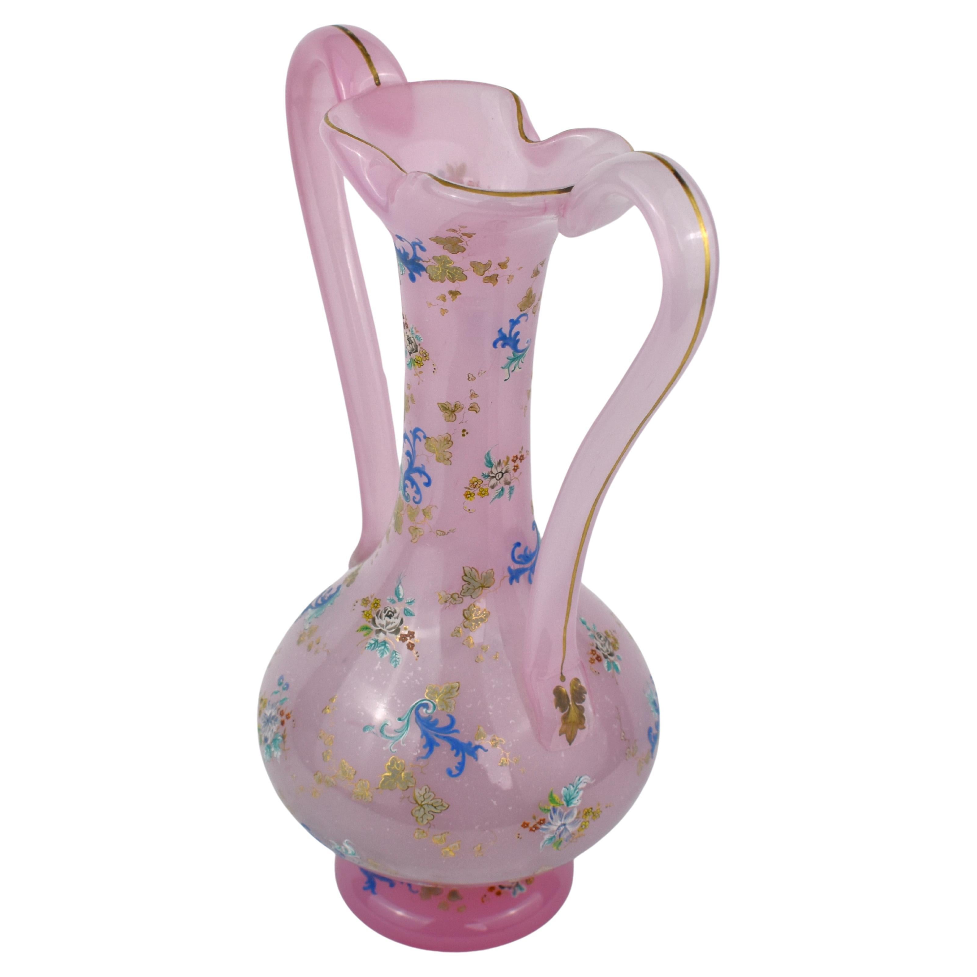 Gilt Antique Bohemian Opaline Moser Enamelled Glass Vase, 19th Century For Sale