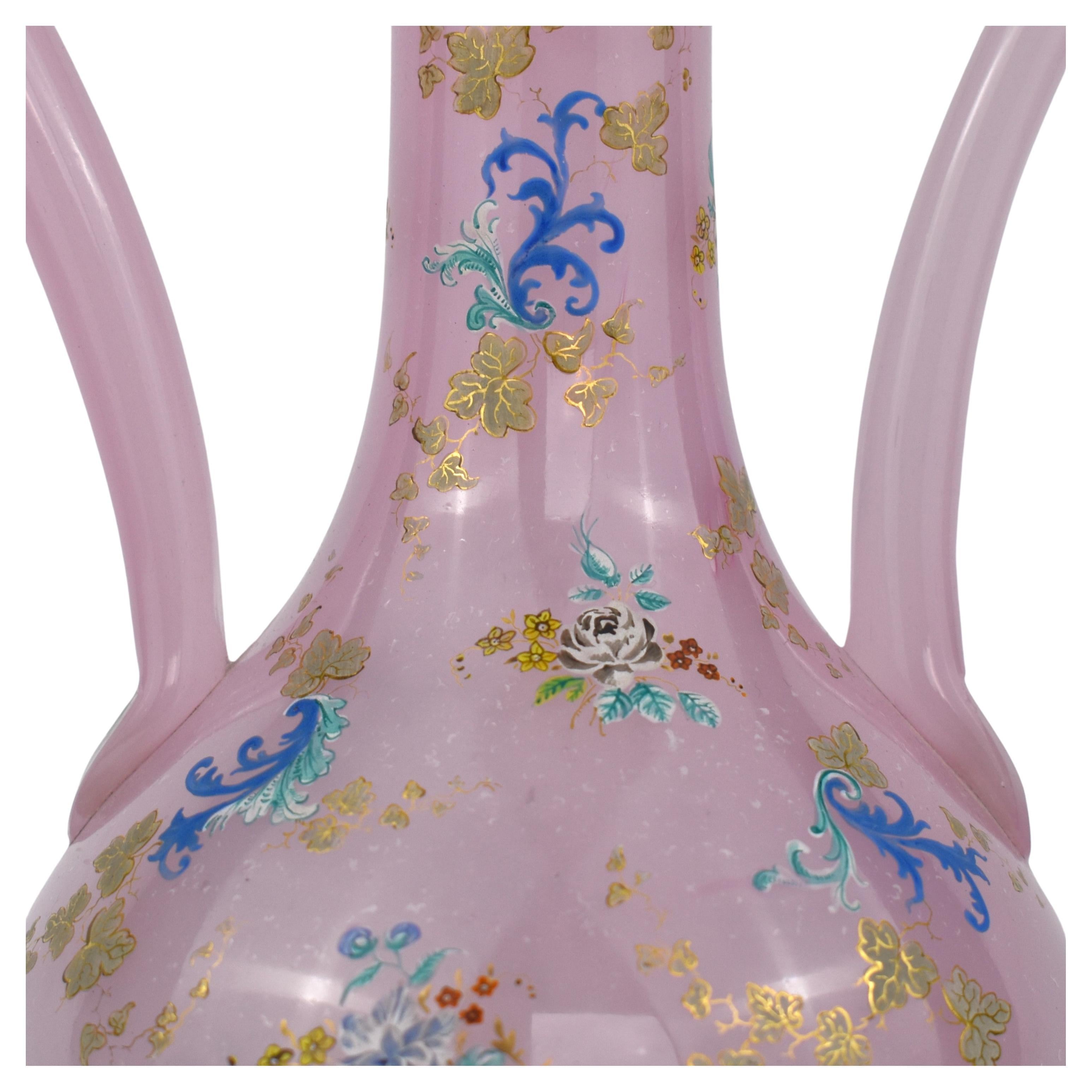Opaline Glass Antique Bohemian Opaline Moser Enamelled Glass Vase, 19th Century For Sale
