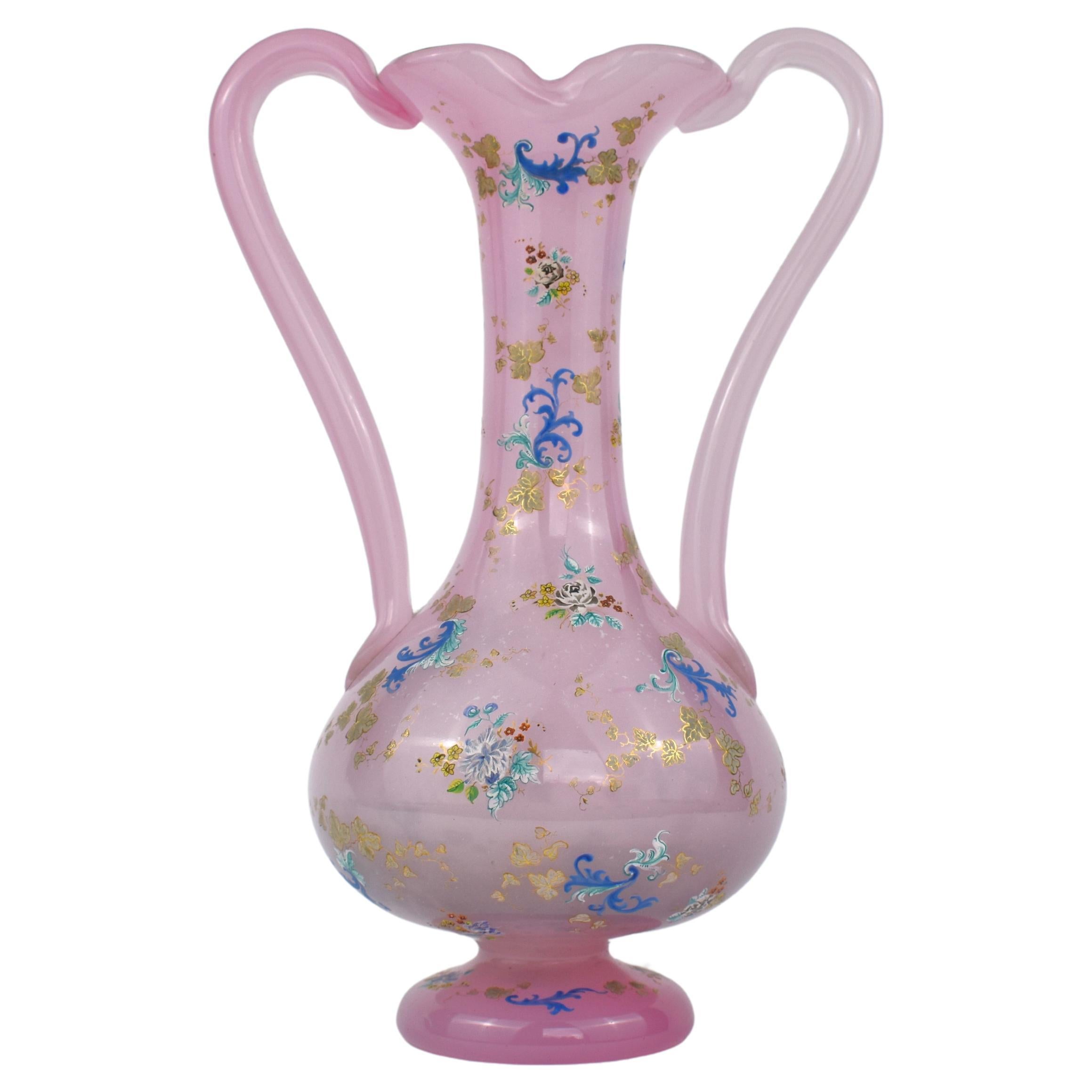 Antique Bohemian Opaline Moser Enamelled Glass Vase, 19th Century For Sale