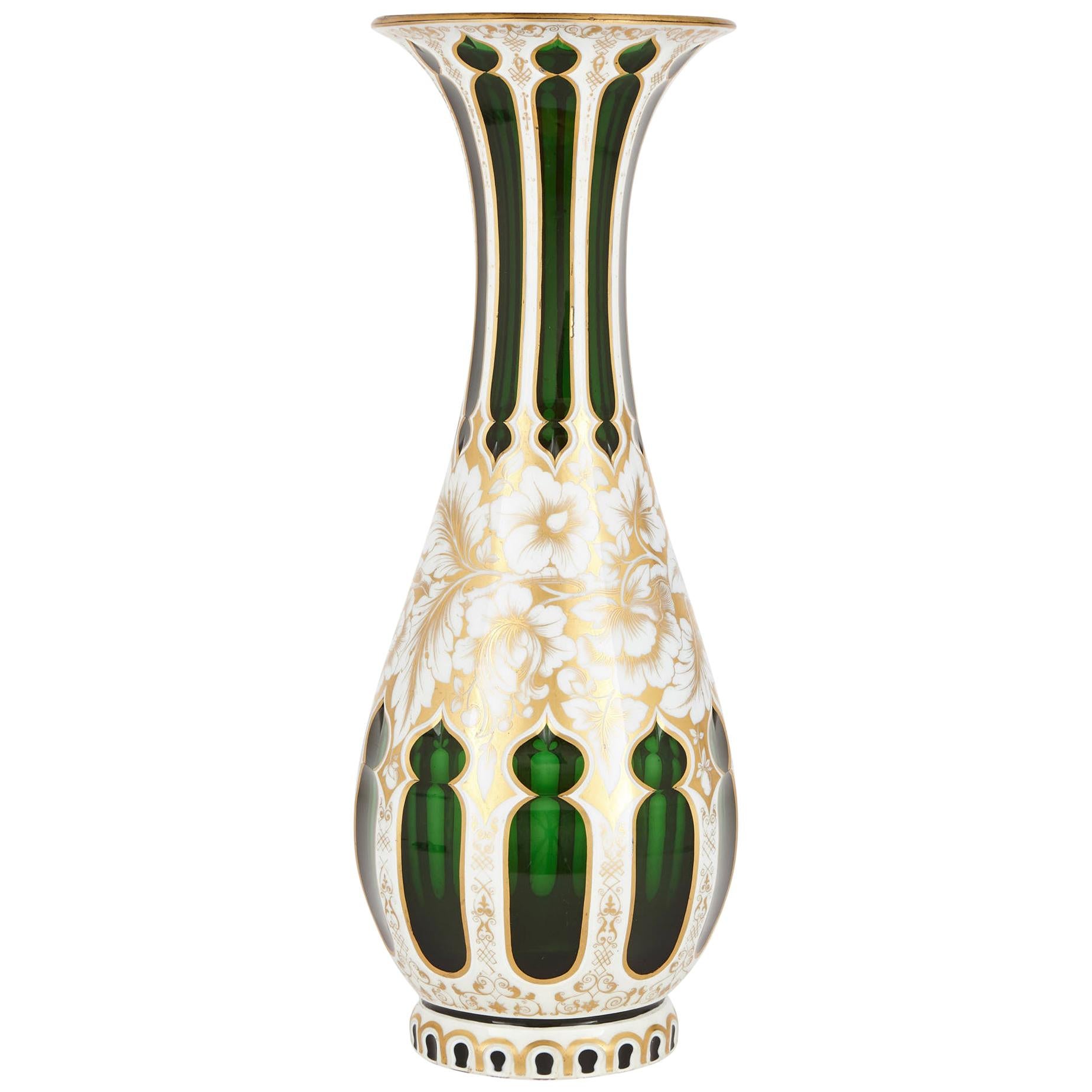 Antique Bohemian Overlay and Gilt Green Vase