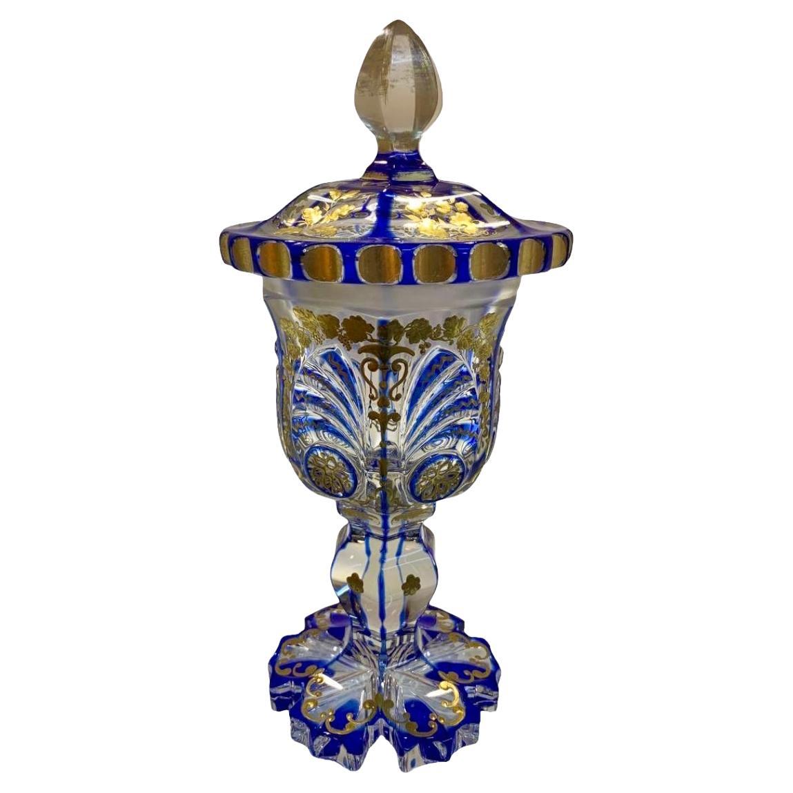 Antique Bohemian Overlay Enameled Glass Goblet, Biedermeier 19th Century In Good Condition In Rostock, MV