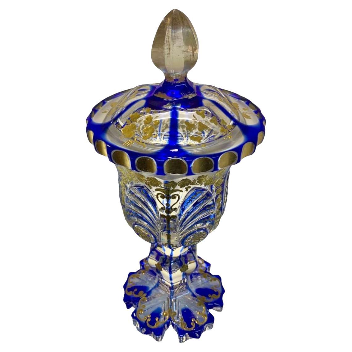 Cut Glass Antique Bohemian Overlay Enameled Glass Goblet, Biedermeier 19th Century