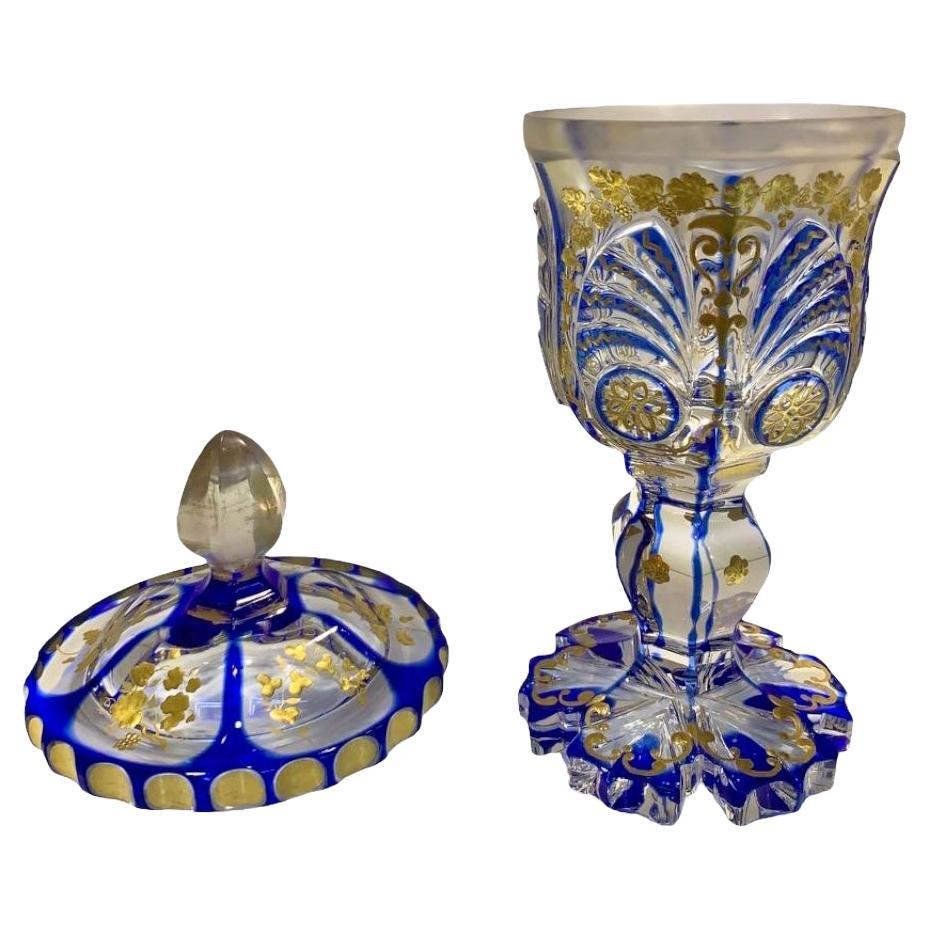 Antique Bohemian Overlay Enameled Glass Goblet, Biedermeier 19th Century 1