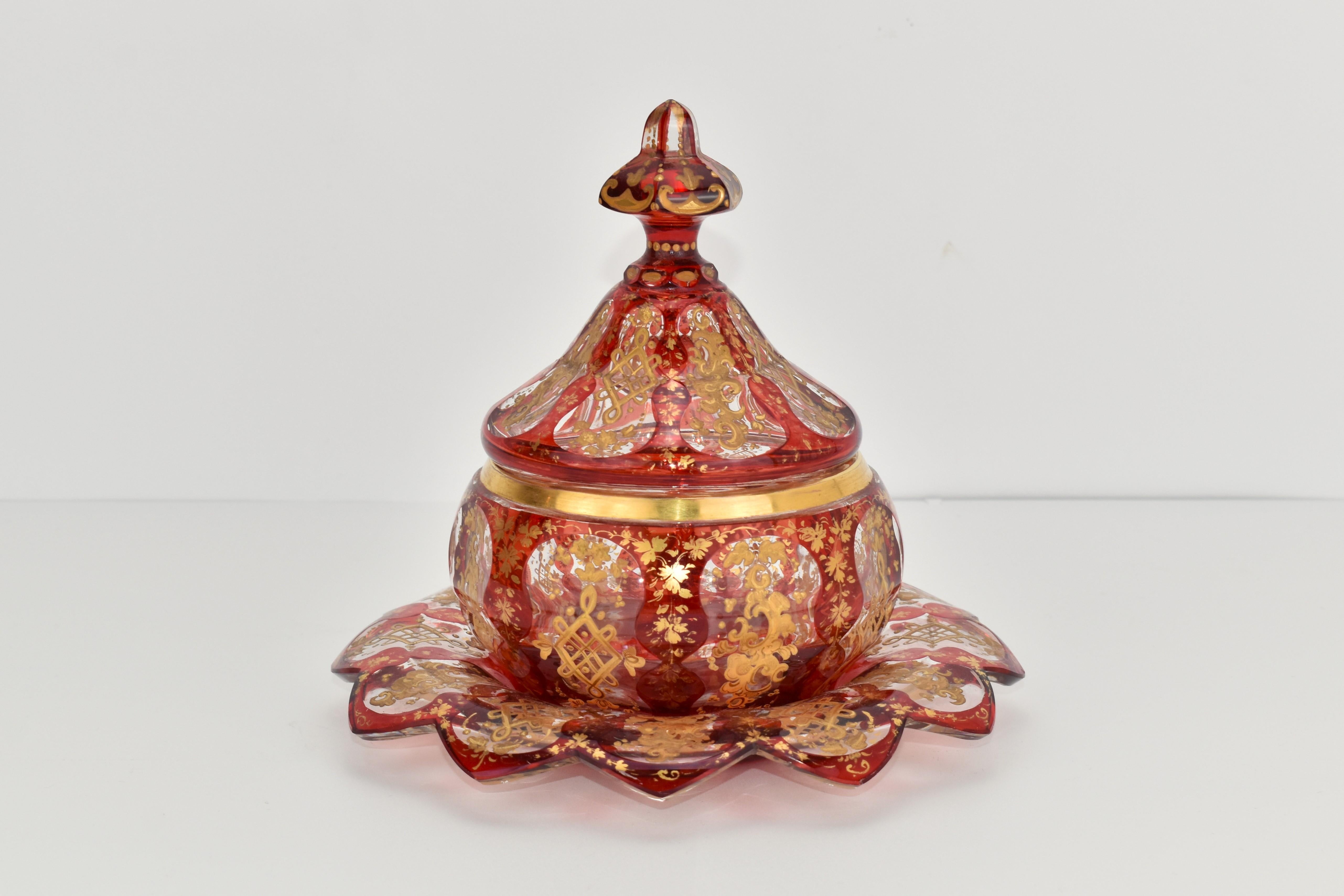 Biedermeier Antique Bohemian Overlay Enamelled Glass Sugar Bowl, Bonbonniere, Candy Box For Sale