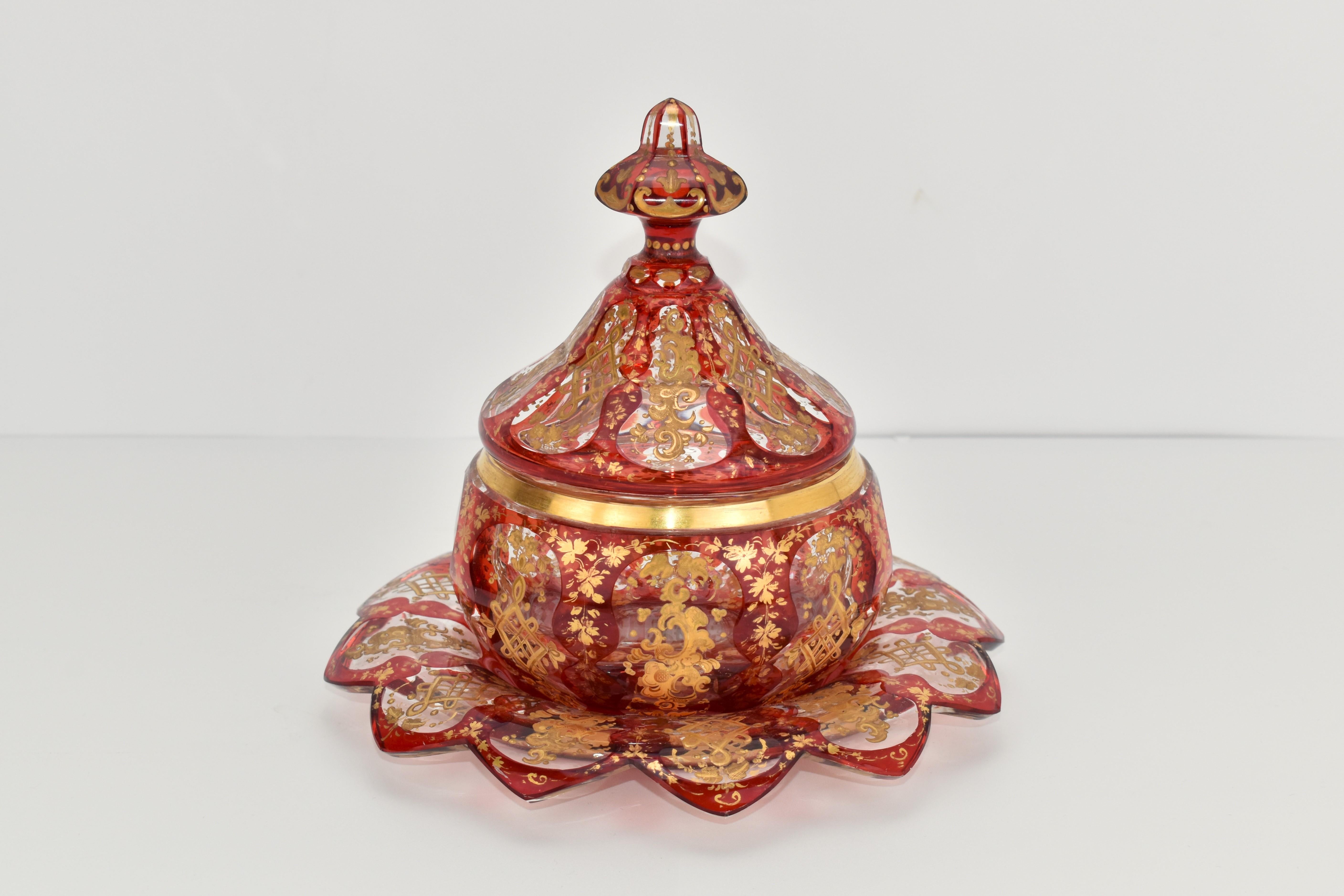 Gilt Antique Bohemian Overlay Enamelled Glass Sugar Bowl, Bonbonniere, Candy Box For Sale