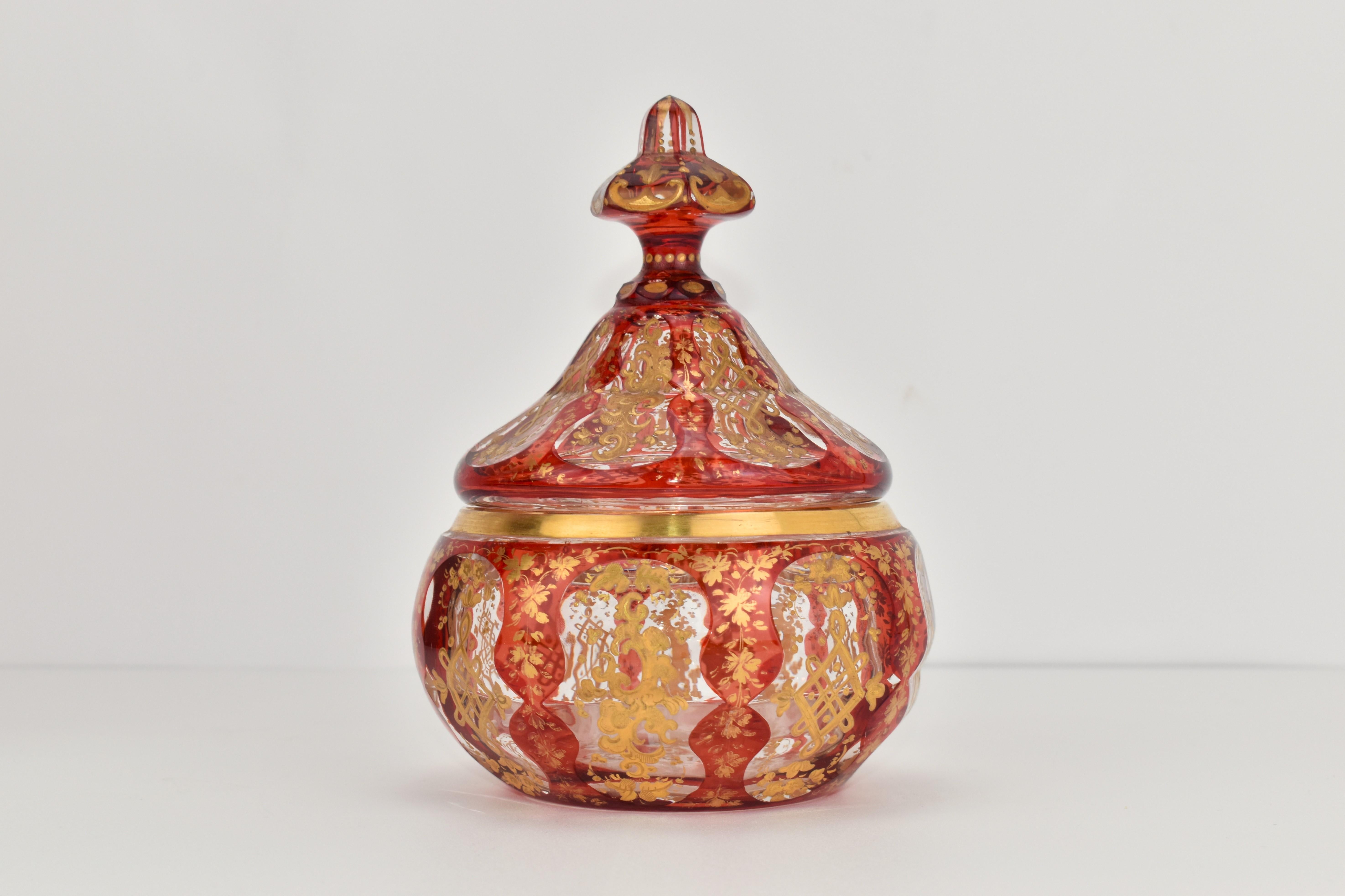 19th Century Antique Bohemian Overlay Enamelled Glass Sugar Bowl, Bonbonniere, Candy Box For Sale