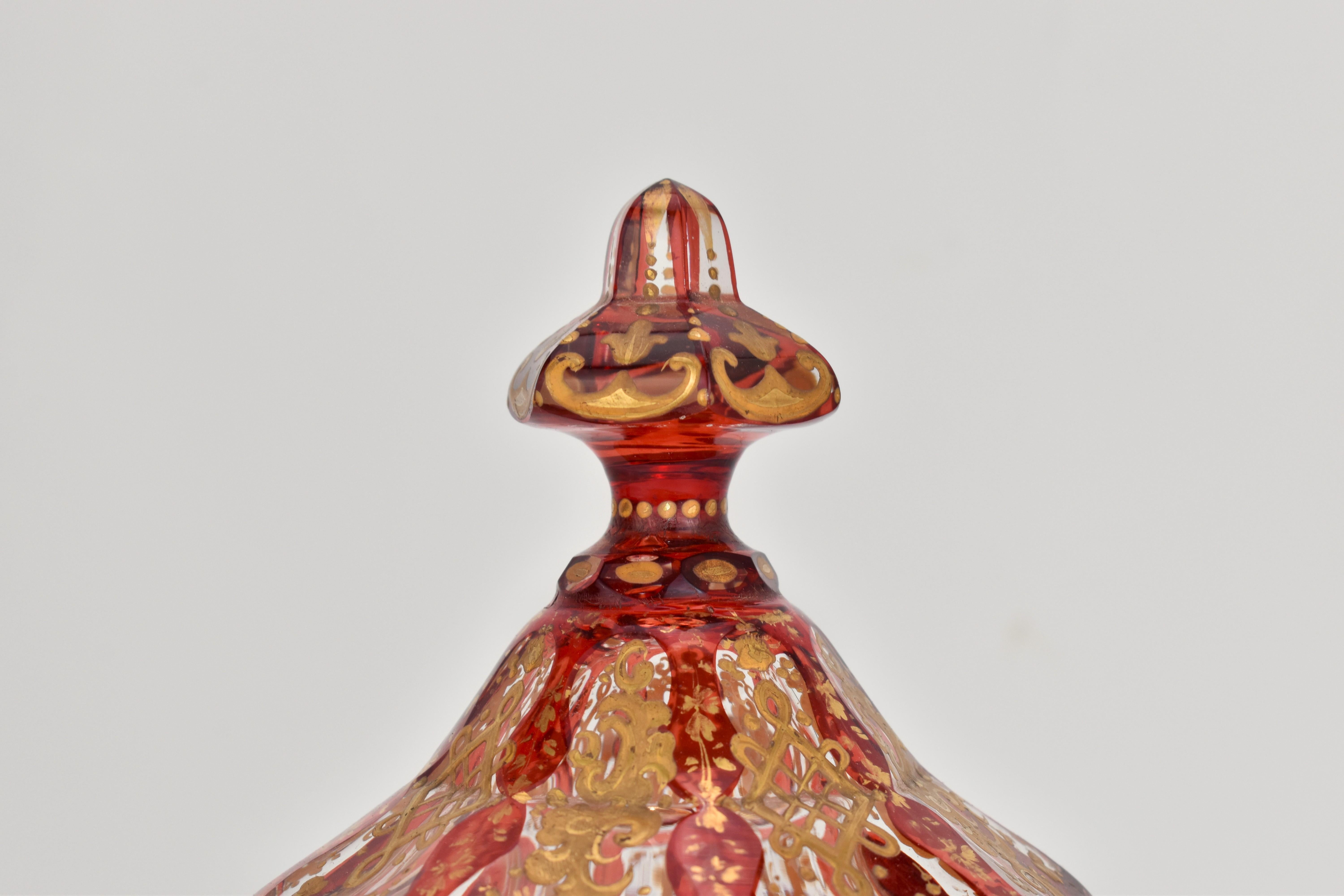 Antique Bohemian Overlay Enamelled Glass Sugar Bowl, Bonbonniere, Candy Box For Sale 1