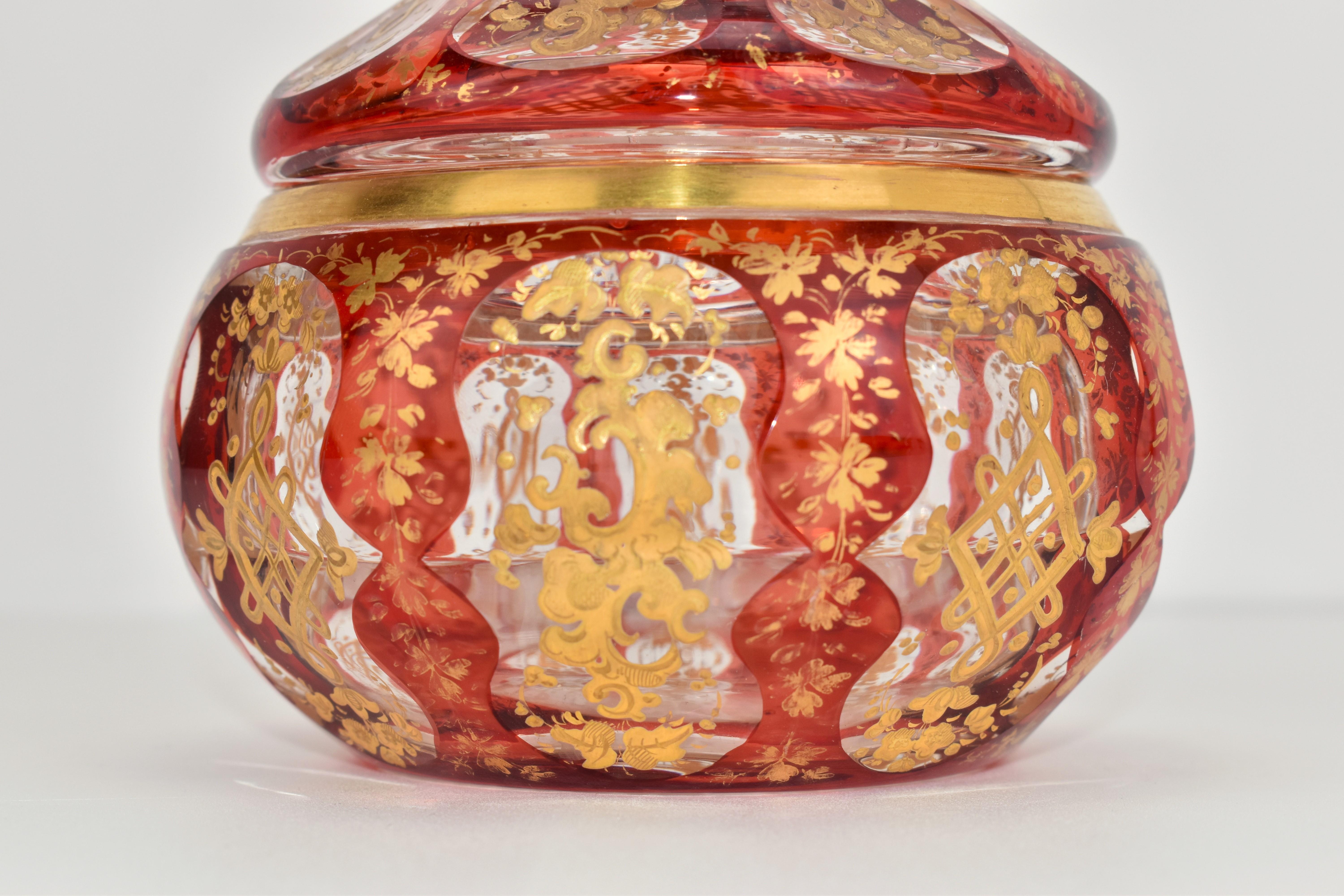 Antique Bohemian Overlay Enamelled Glass Sugar Bowl, Bonbonniere, Candy Box For Sale 2