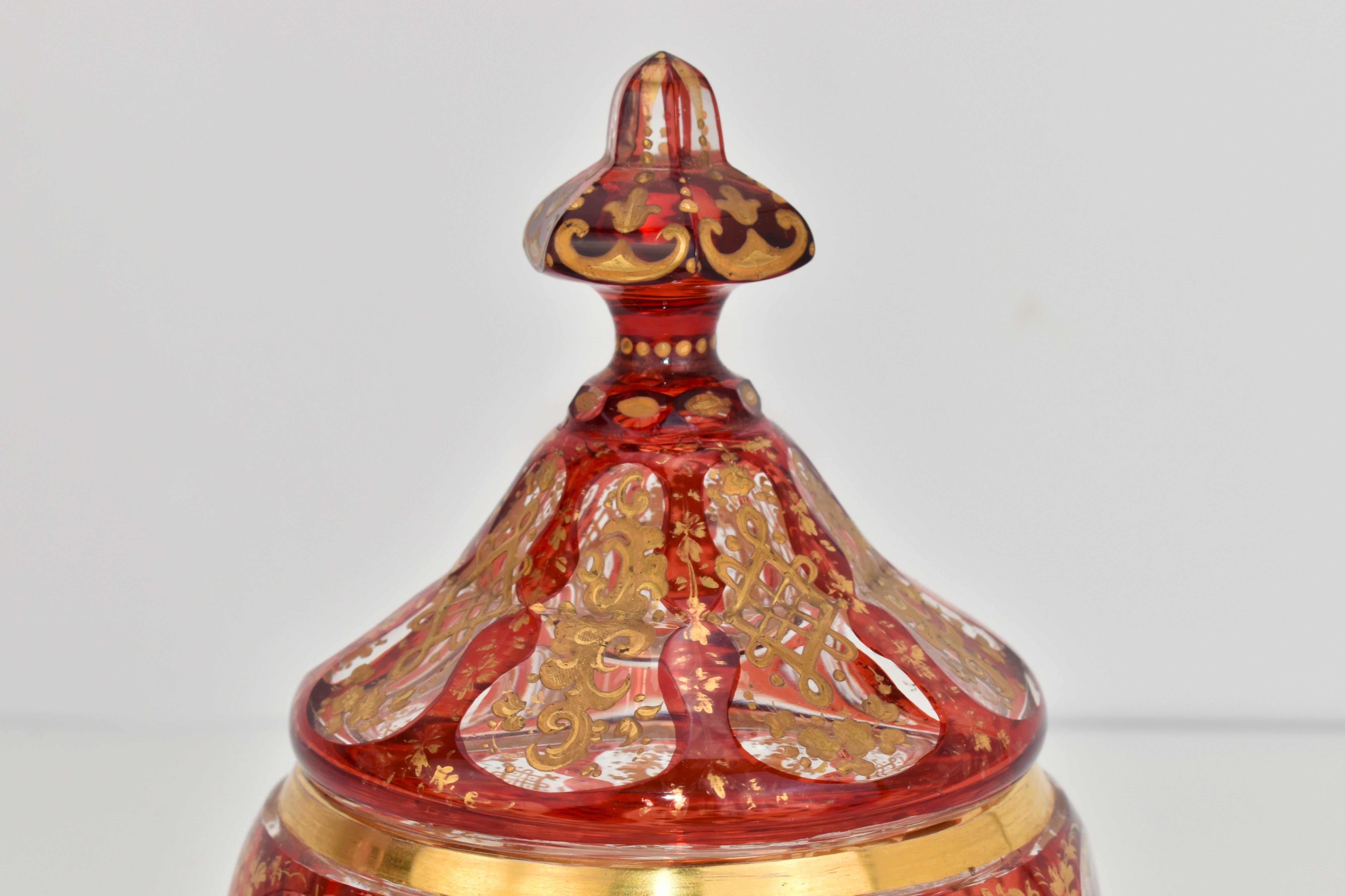 Antique Bohemian Overlay Enamelled Glass Sugar Bowl, Bonbonniere, Candy Box For Sale 3