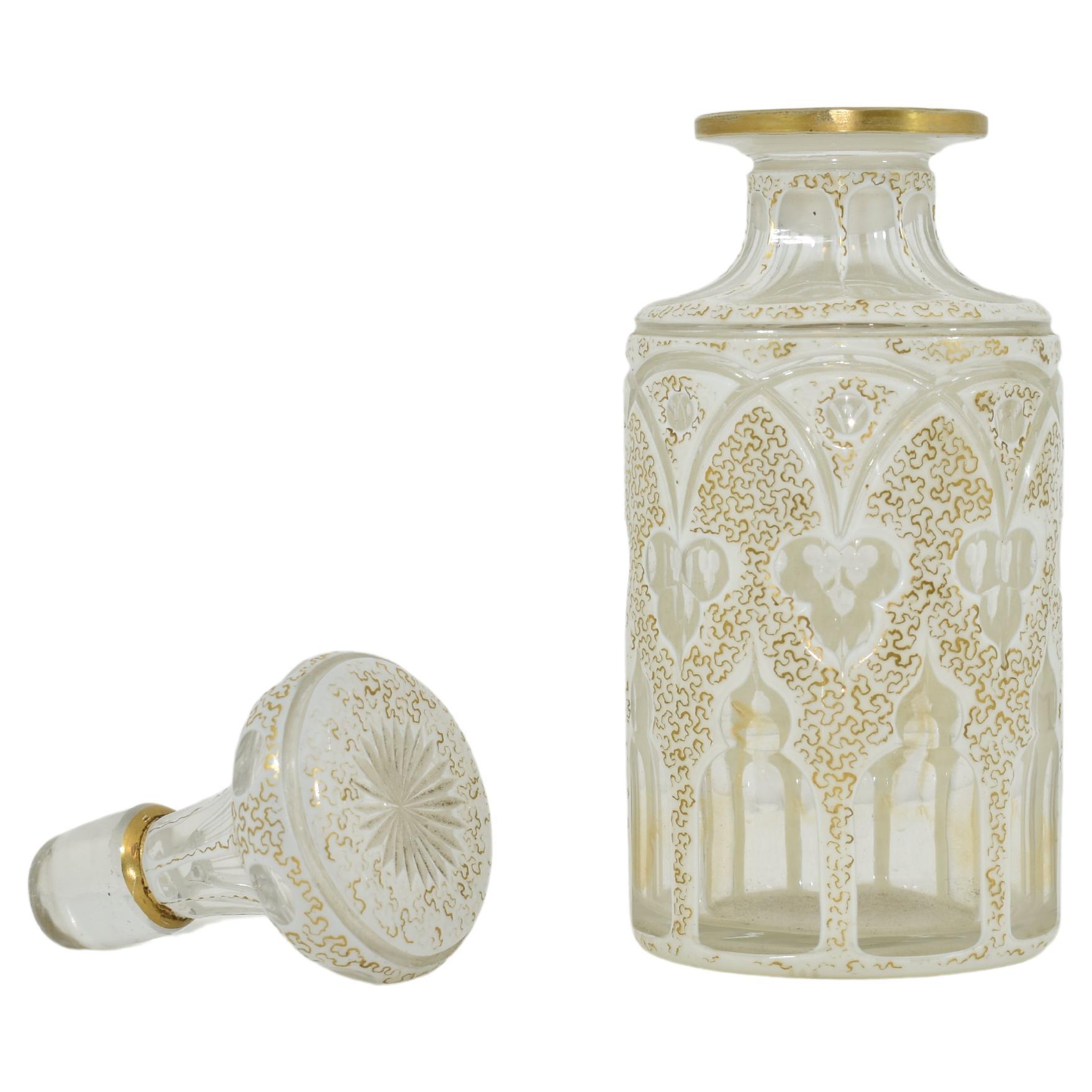 Gilt Antique Bohemian Overlay Gilded Glass Bottle, Falcon, 19th Century
