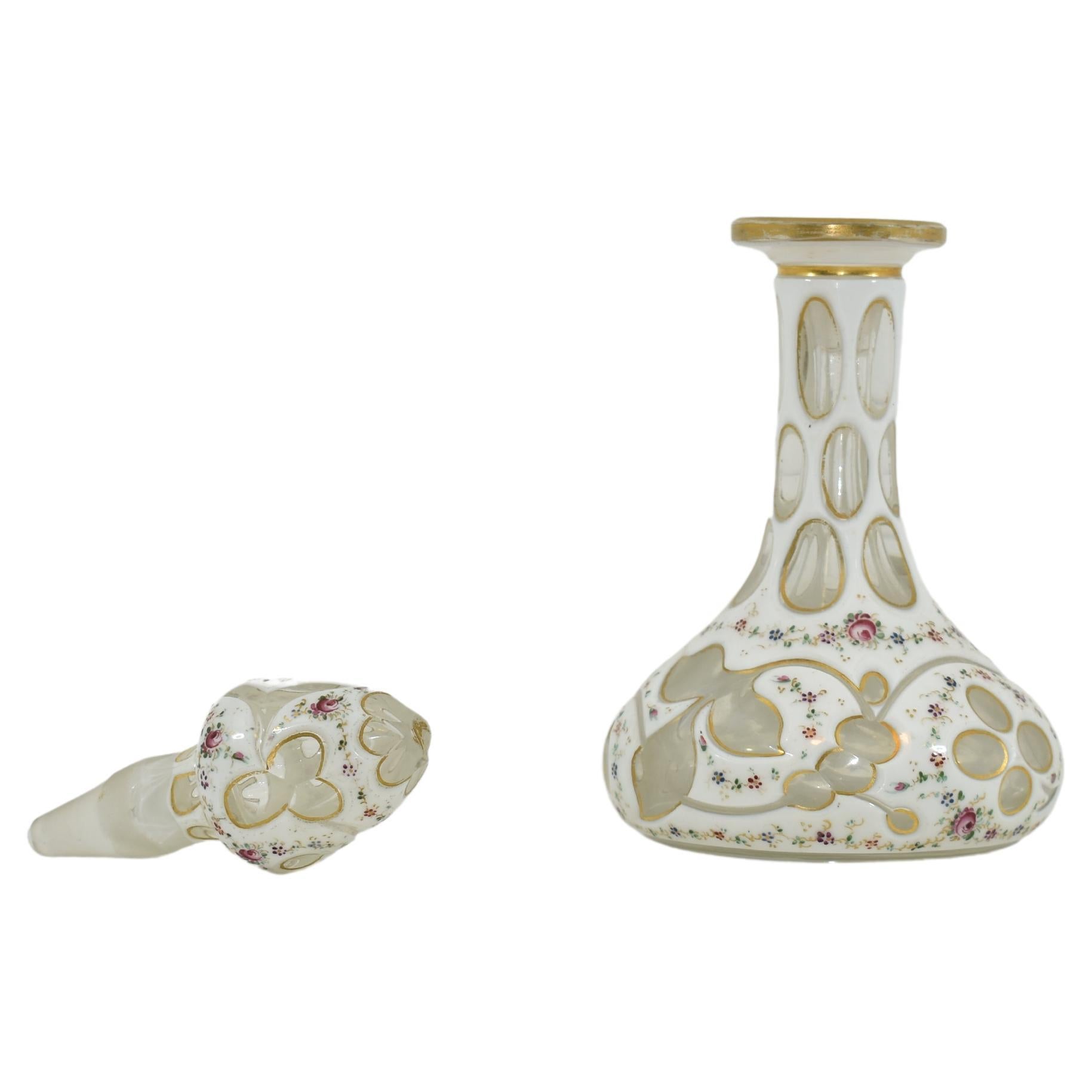 Enameled Antique Bohemian Overlay Gilded Glass Perfume Bottle, Flacon, 19th Century