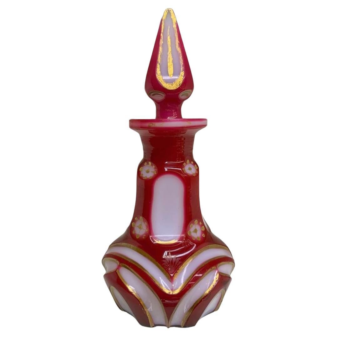 Antique Bohemian Overlay Opaline Glass Perfume Bottle, 19th Century For Sale