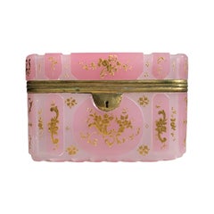 Antique Bohemian Pink Opaline Enameled Glass Casket Box, 19th Century