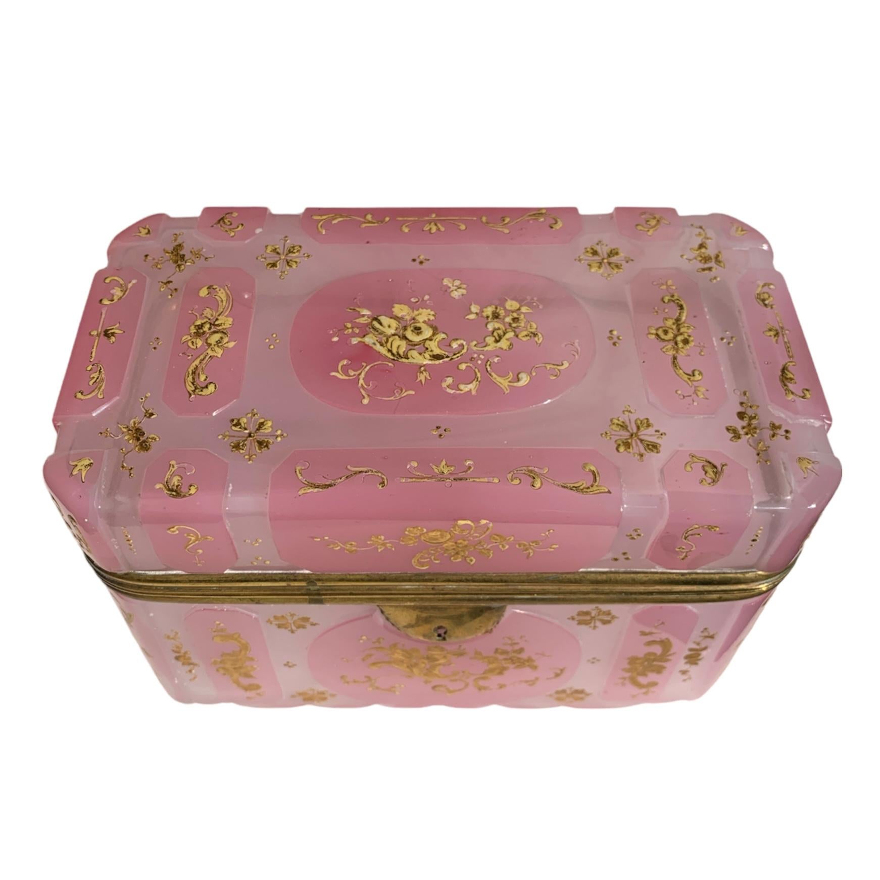 European Antique Bohemian Pink Opaline Enameled Glass Casket Box, 19th Century