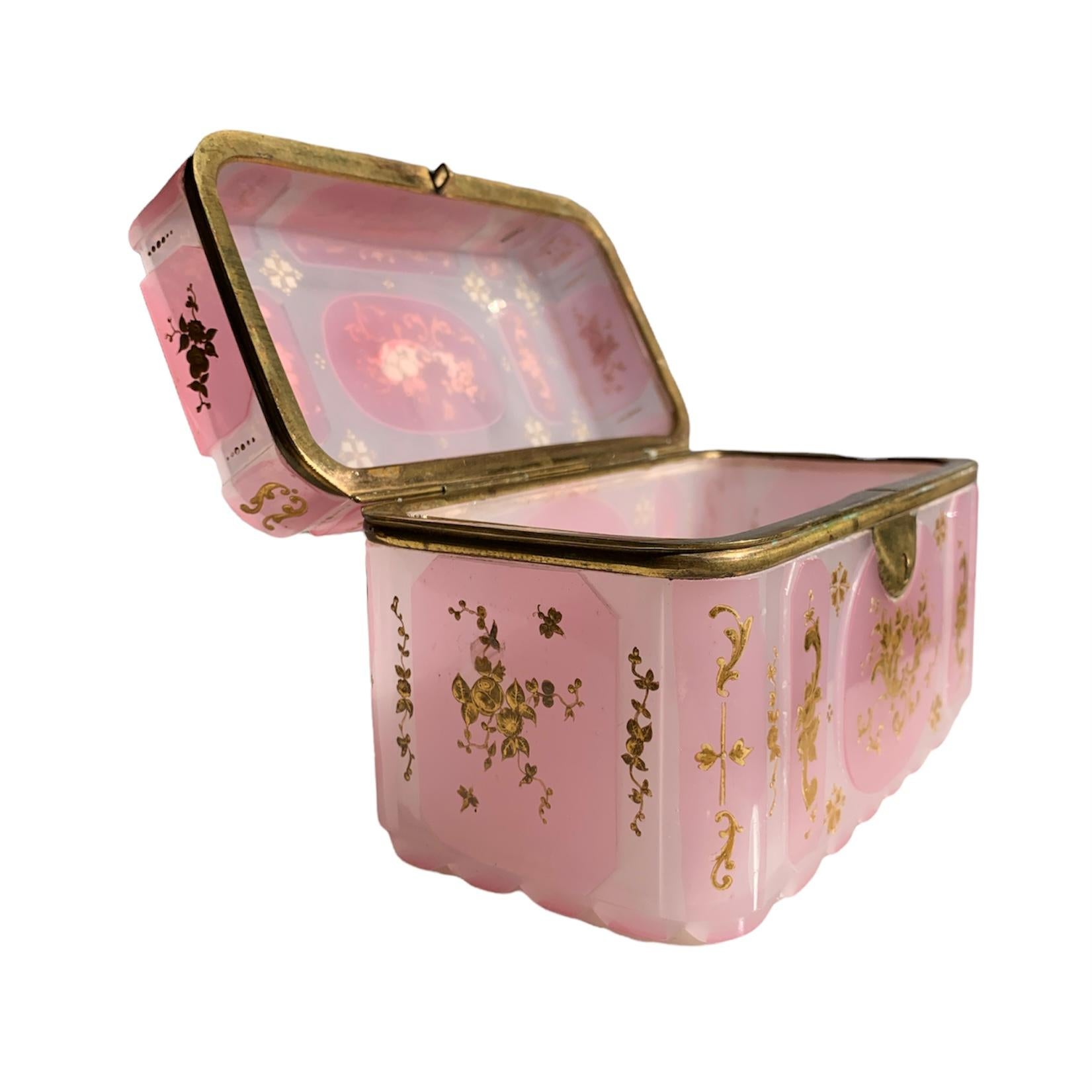 Antique Bohemian Pink Opaline Enameled Glass Casket Box, 19th Century In Good Condition In Rostock, MV