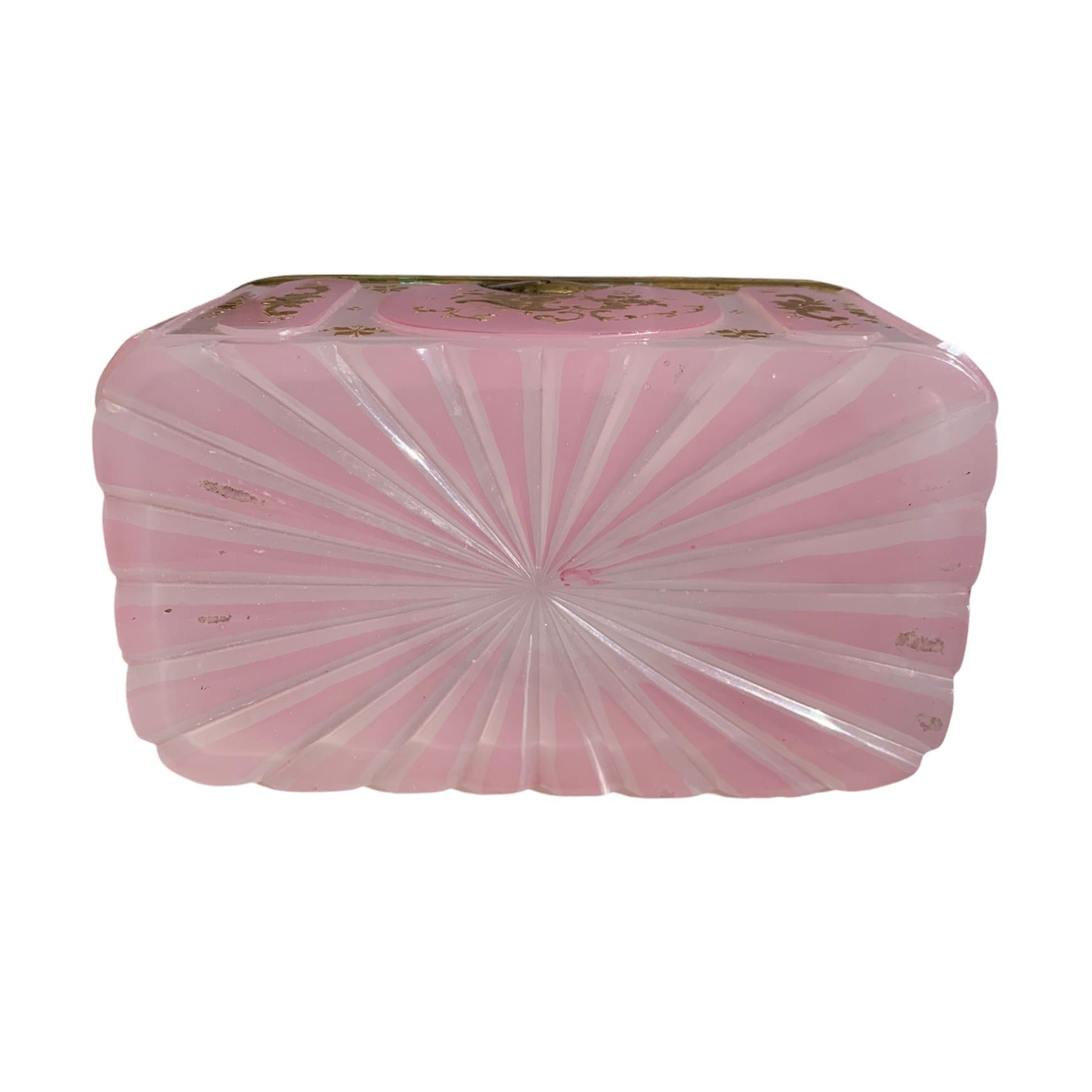 Opaline Glass Antique Bohemian Pink Opaline Enameled Glass Casket Box, 19th Century
