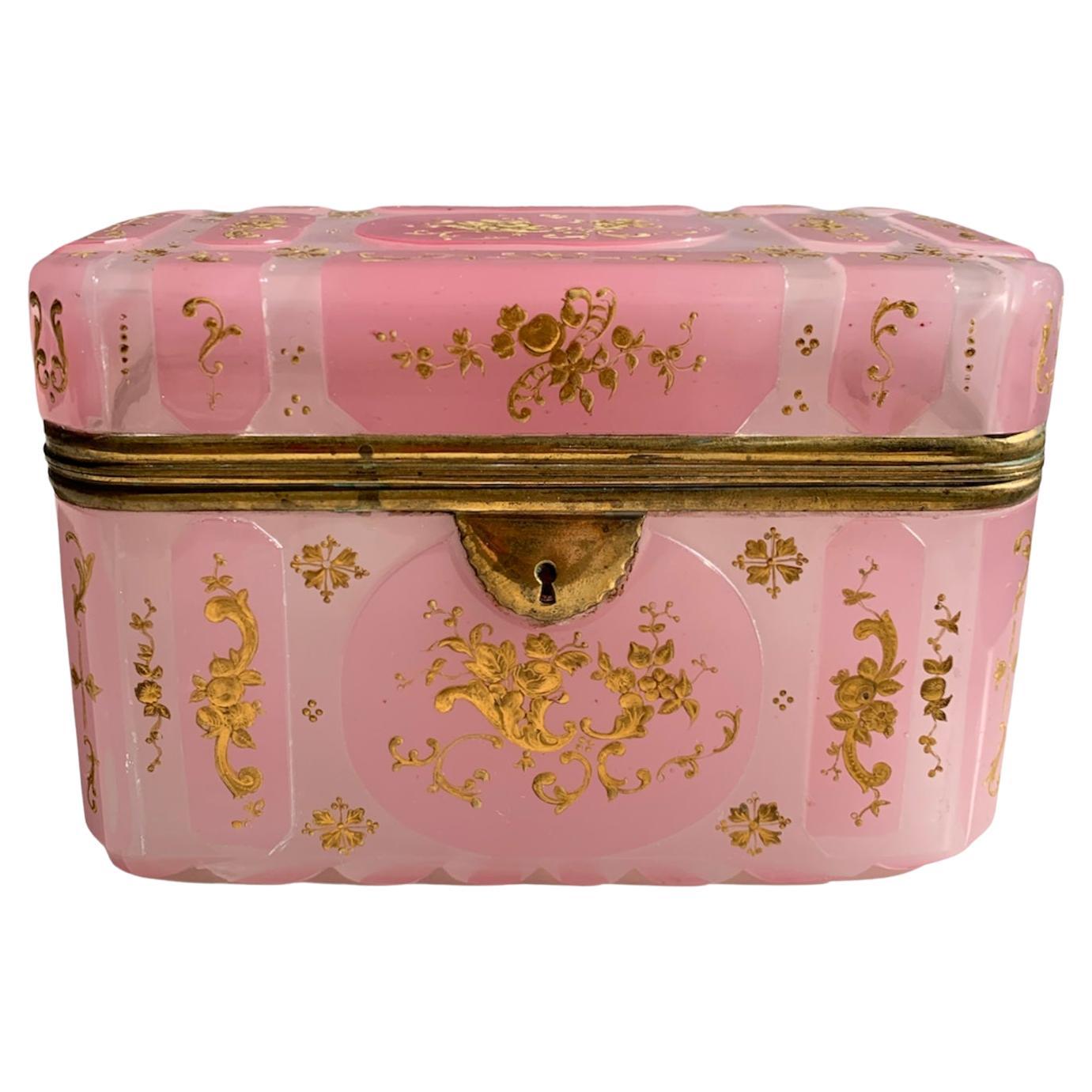Antique Bohemian Pink Opaline Enameled Glass Casket Box, 19th Century