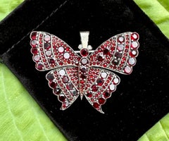 Antique Bohemian Red Garnet Pearl Butterfly Insect Pendant Or Brooch Silver