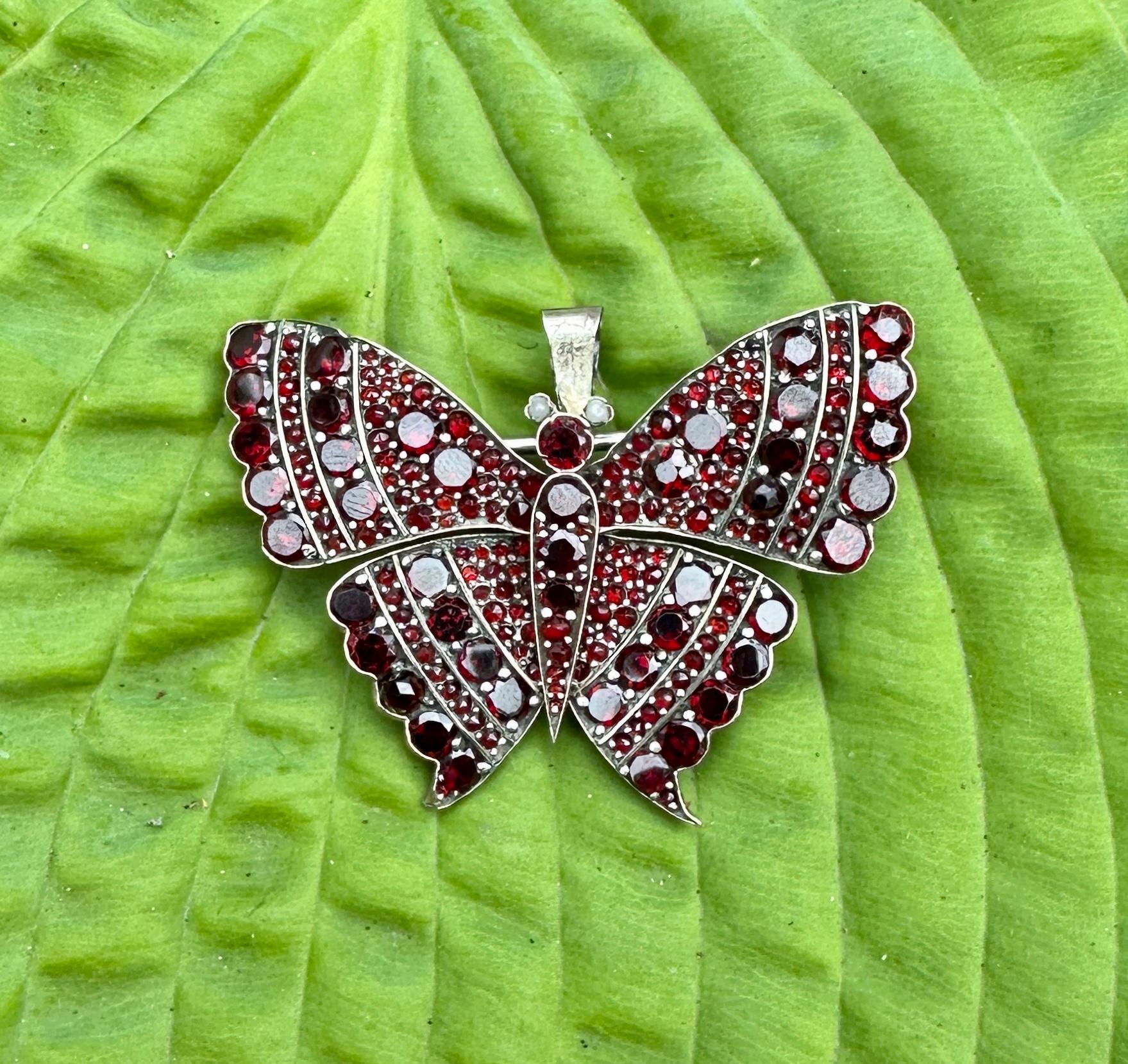 Art Nouveau Antique Bohemian Red Garnet Pearl Butterfly Insect Pendant Or Brooch Silver For Sale