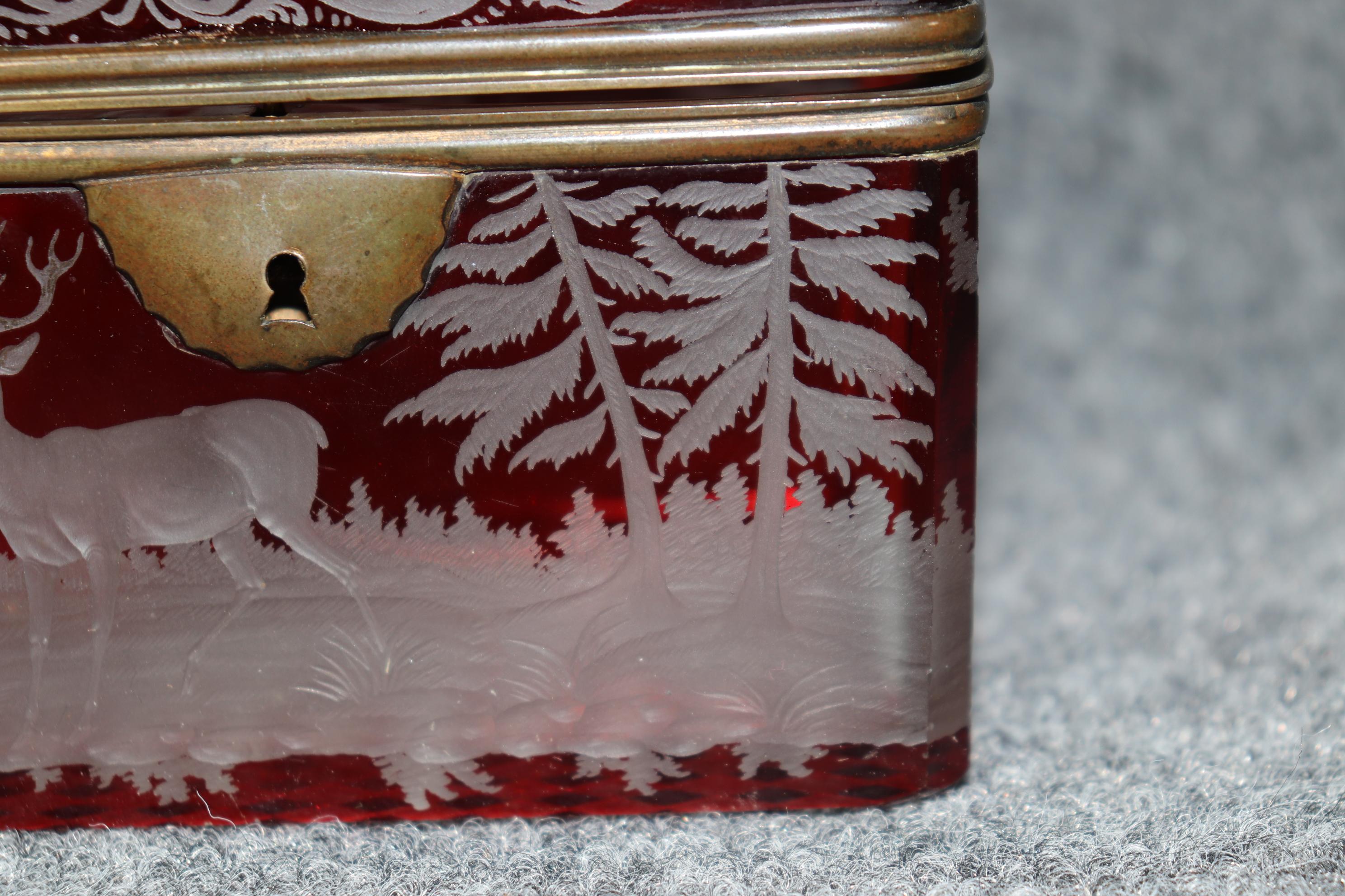 Antique Bohemian Red Glass Deer Etched Jewelry Casket Box 4