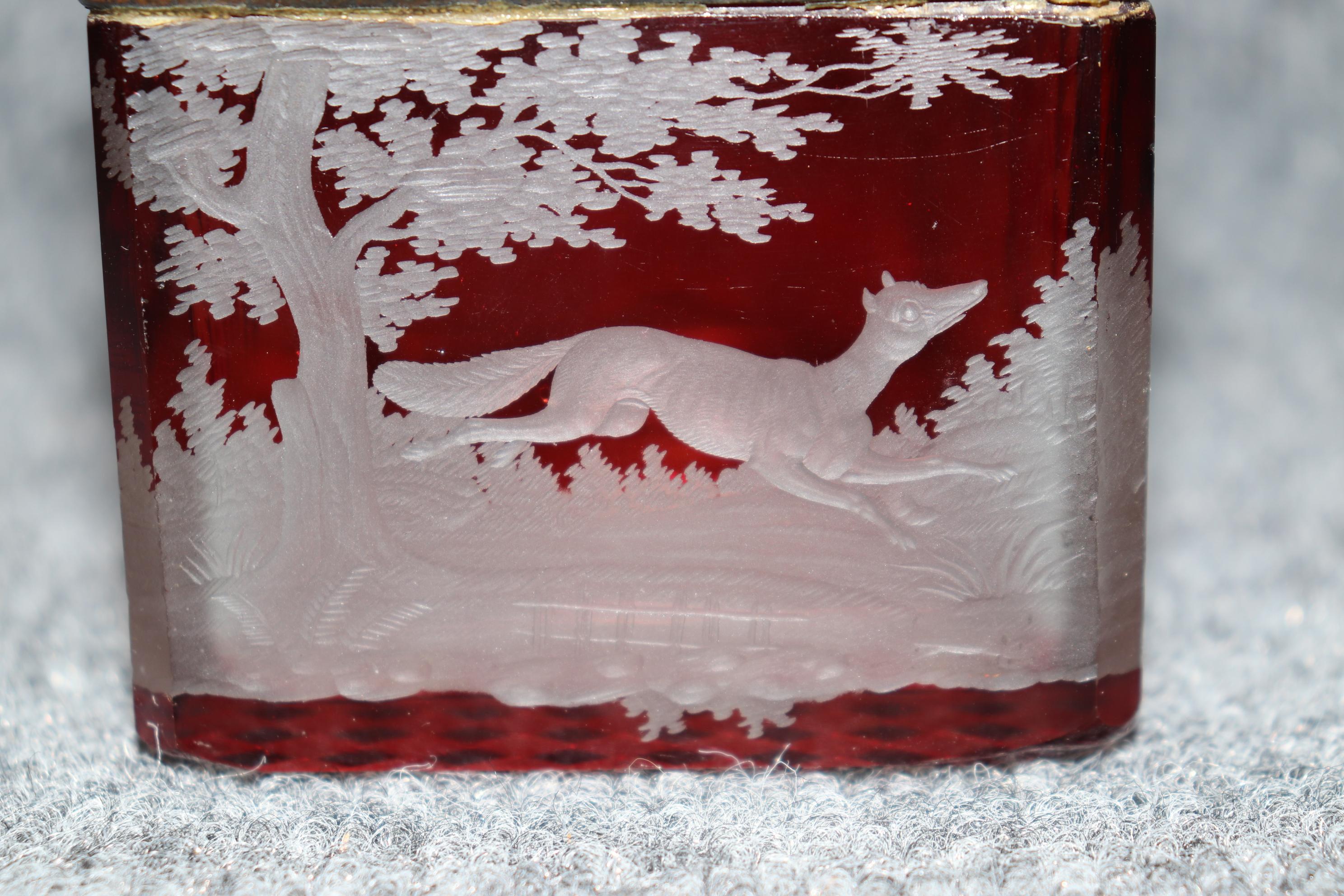 Antique Bohemian Red Glass Deer Etched Jewelry Casket Box 5