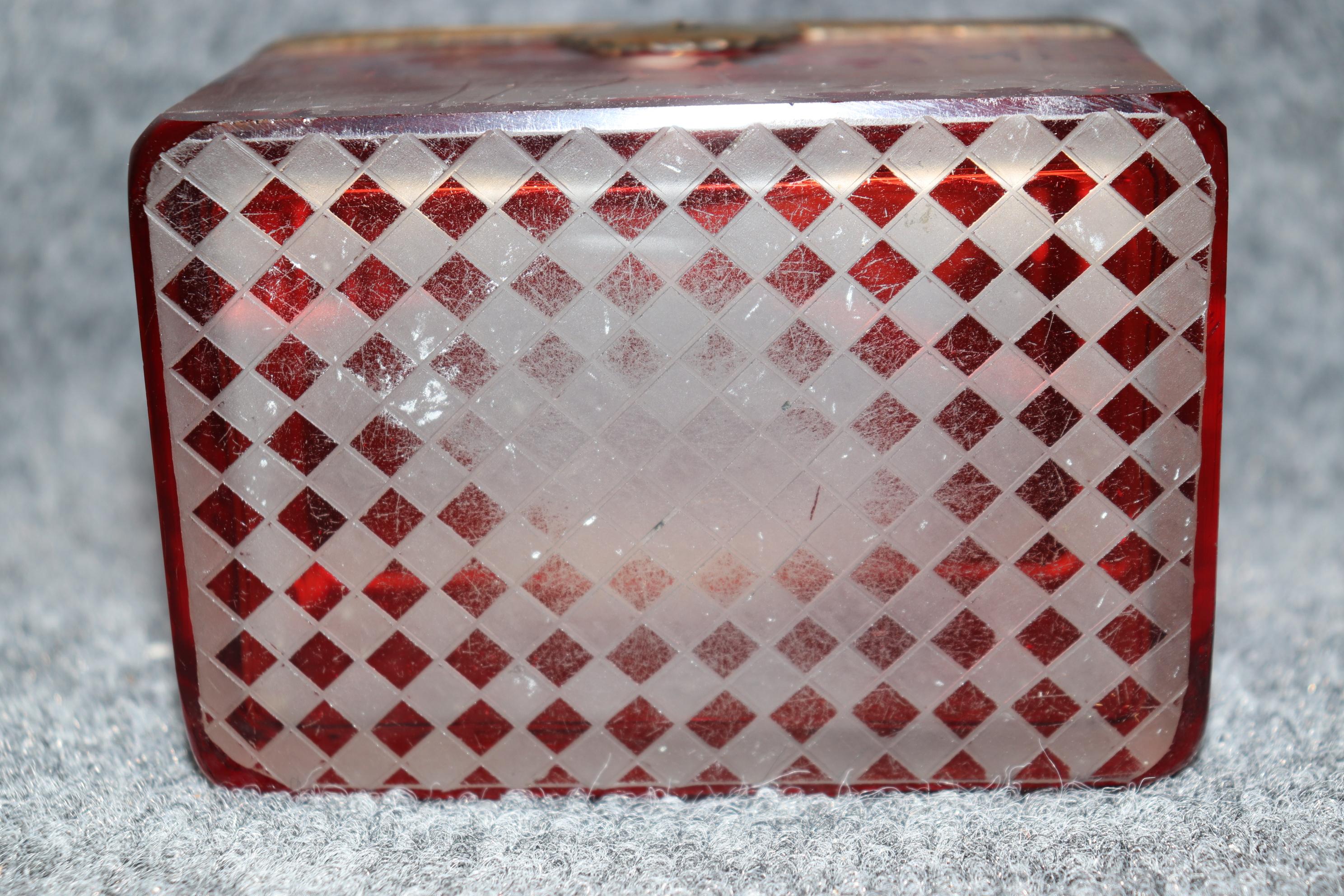 Antique Bohemian Red Glass Deer Etched Jewelry Casket Box 6