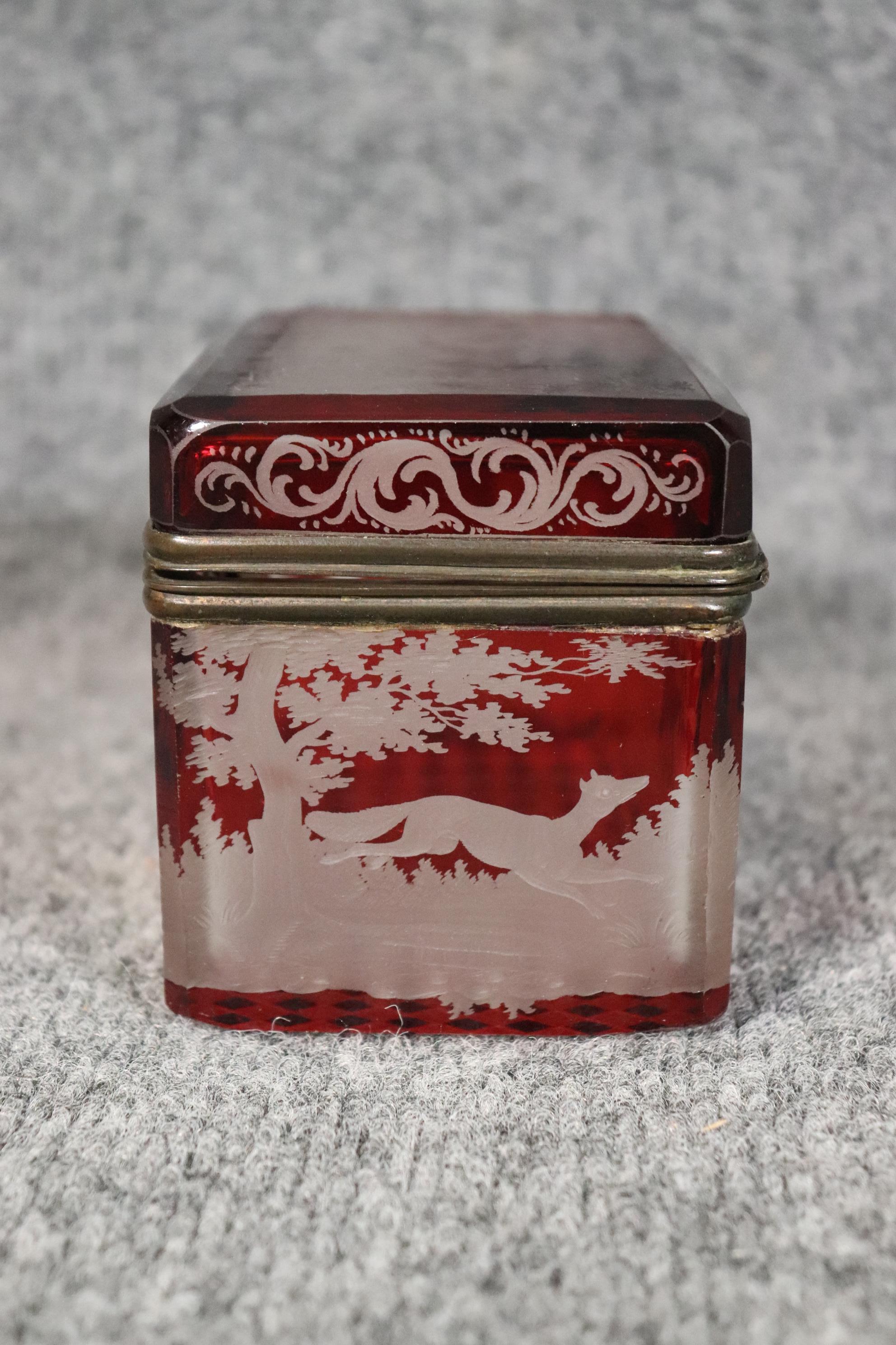 Czech Antique Bohemian Red Glass Deer Etched Jewelry Casket Box