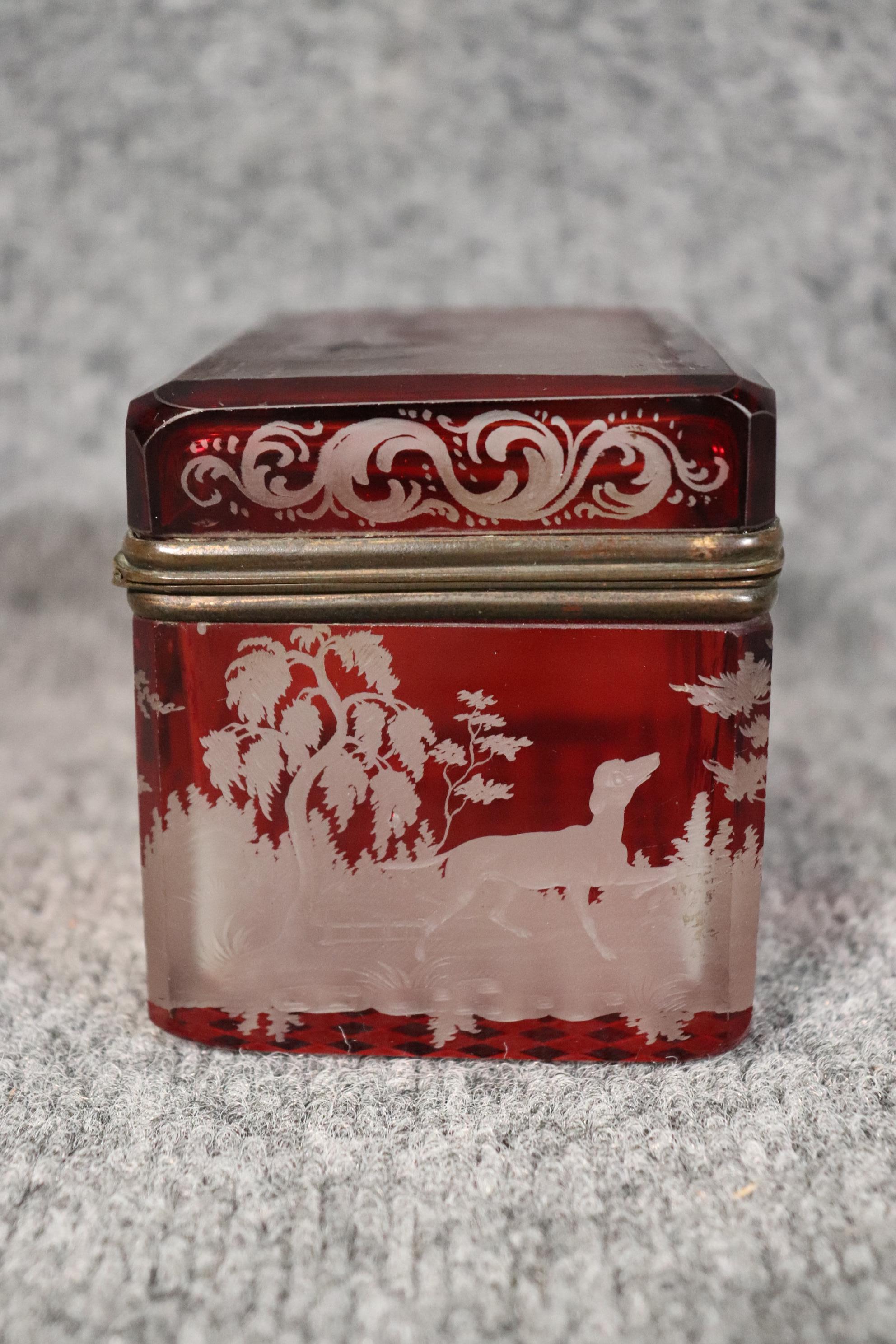 19th Century Antique Bohemian Red Glass Deer Etched Jewelry Casket Box