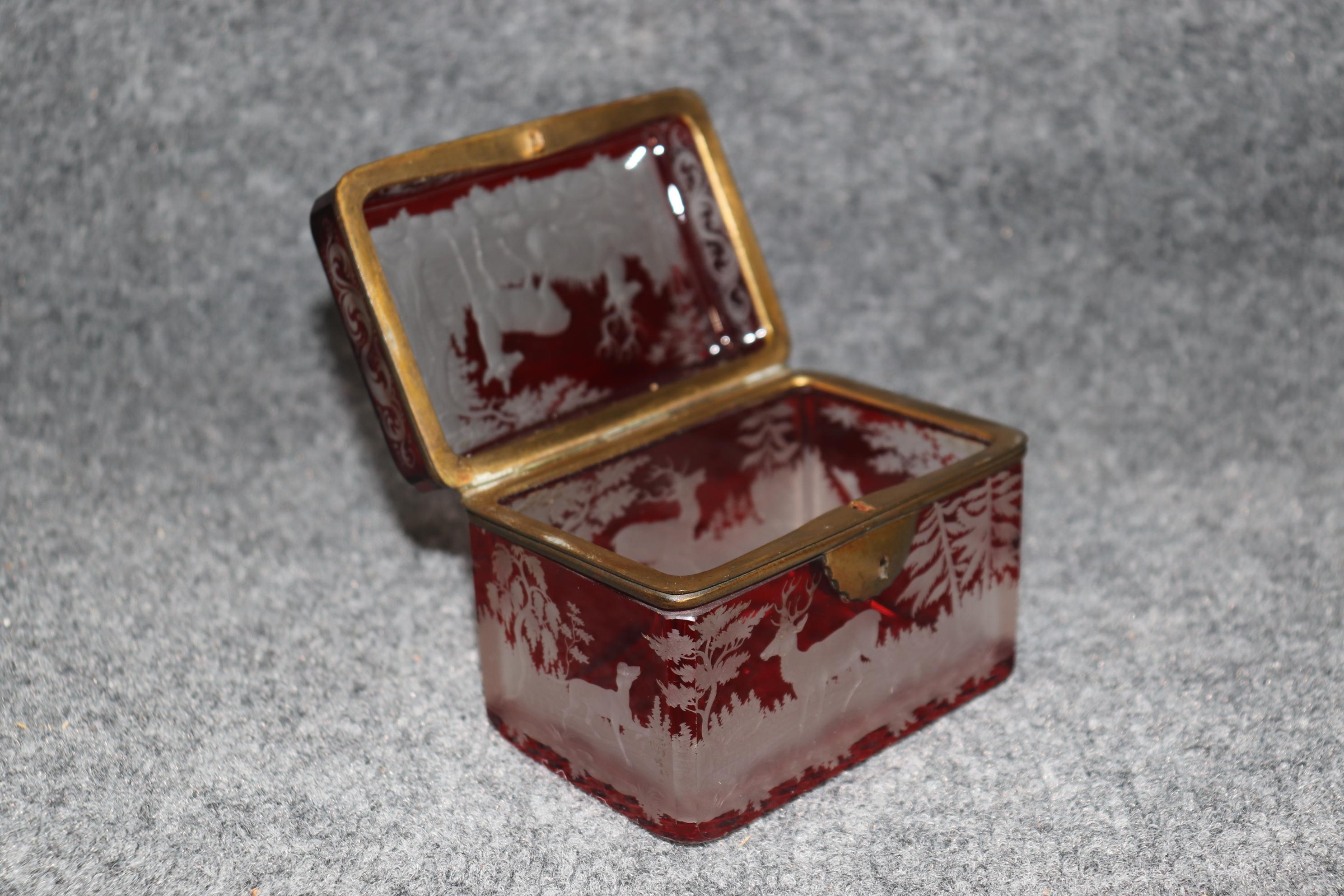 Brass Antique Bohemian Red Glass Deer Etched Jewelry Casket Box