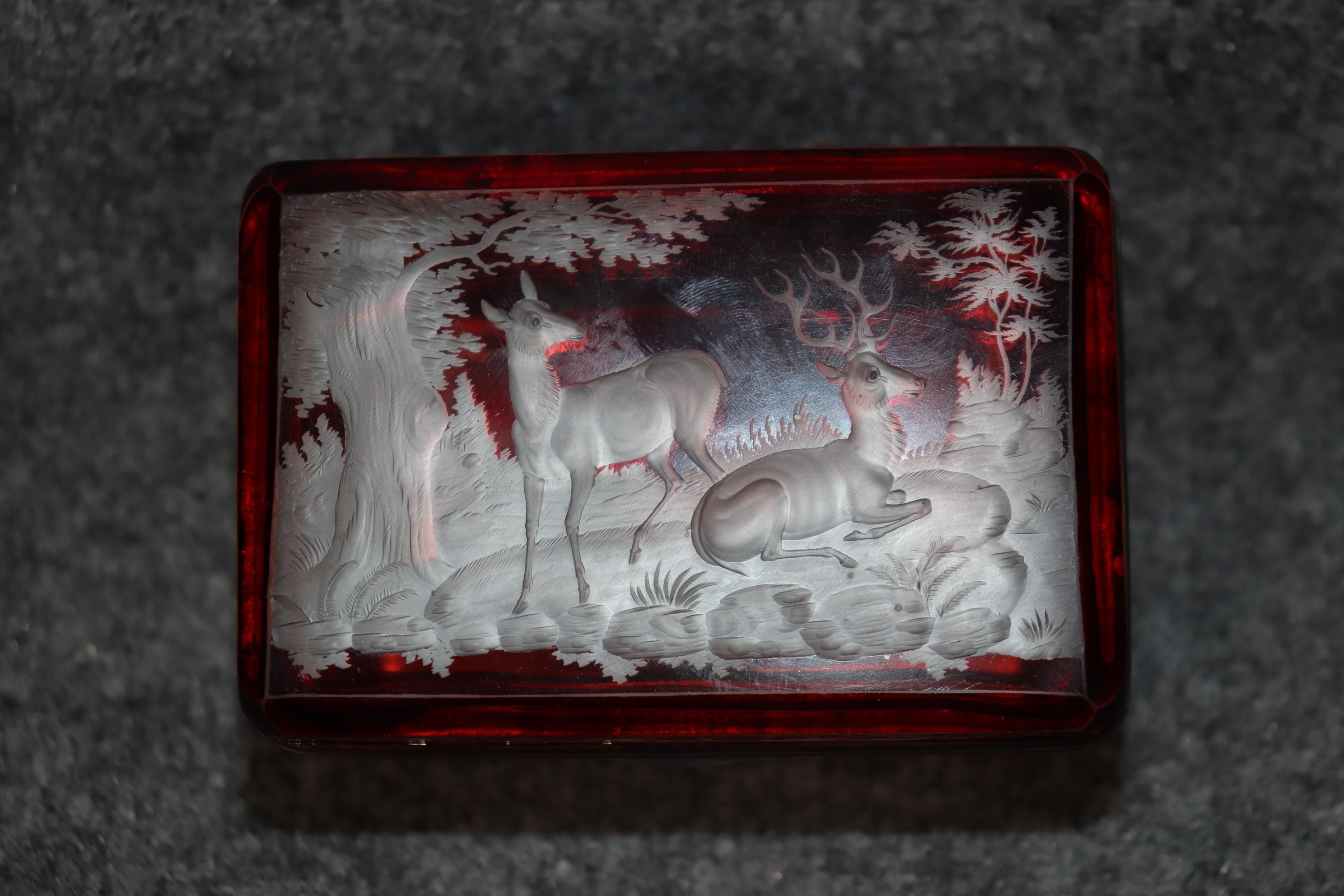 Antique Bohemian Red Glass Deer Etched Jewelry Casket Box 1