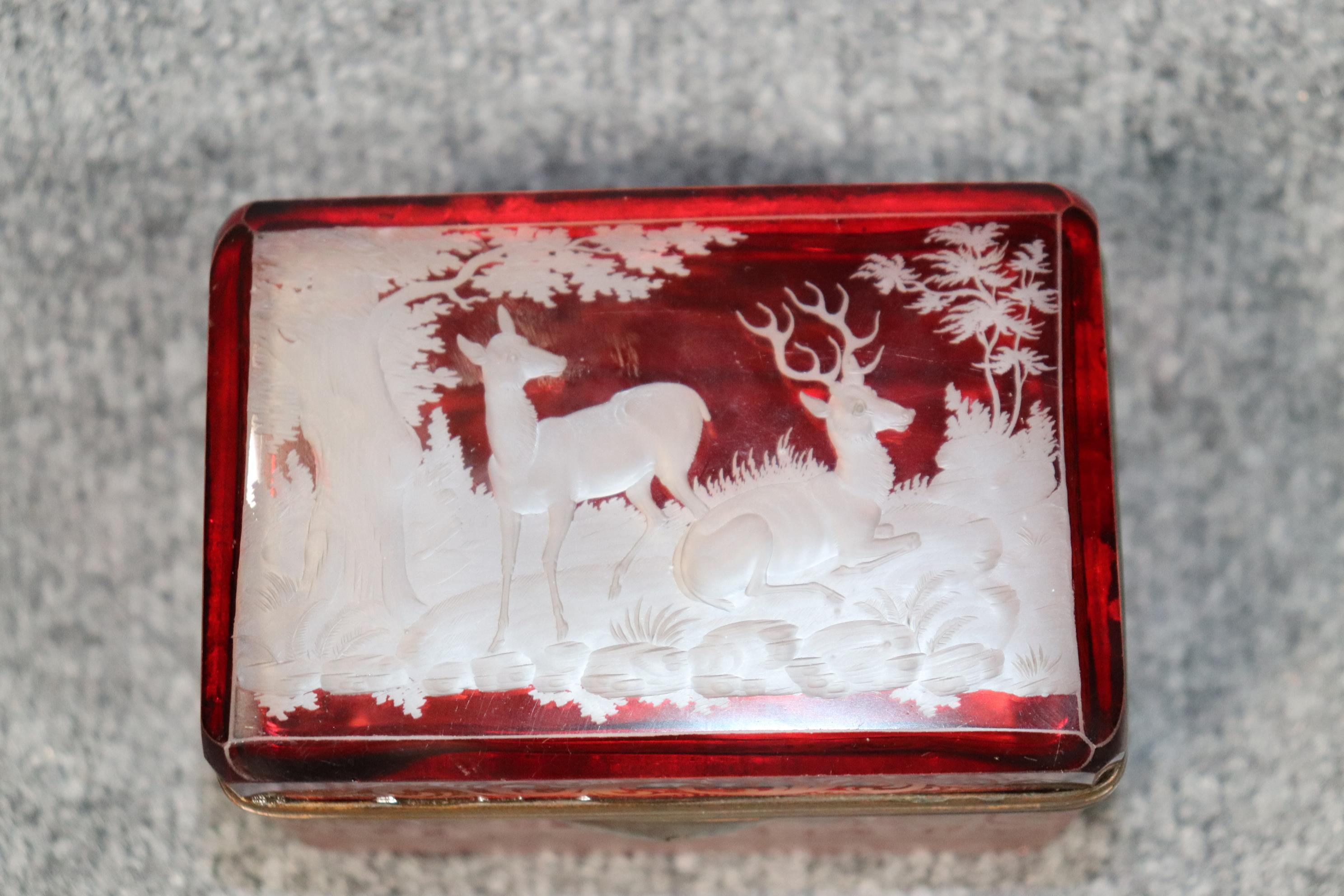 Antique Bohemian Red Glass Deer Etched Jewelry Casket Box 2