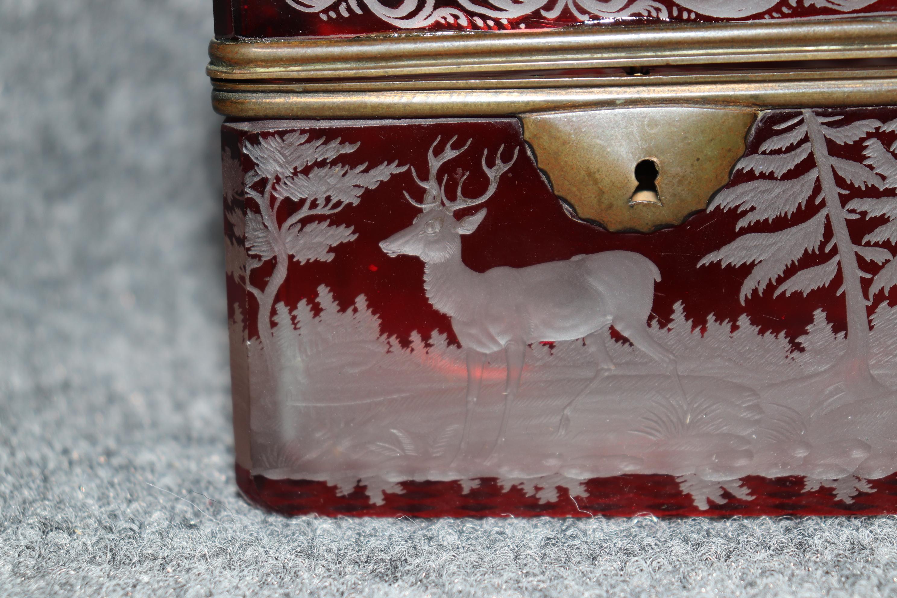 Antique Bohemian Red Glass Deer Etched Jewelry Casket Box 3