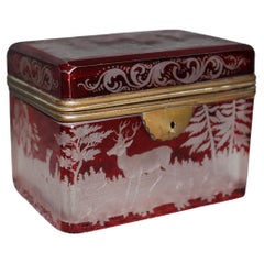 Antique Bohemian Red Glass Deer Etched Jewelry Casket Box