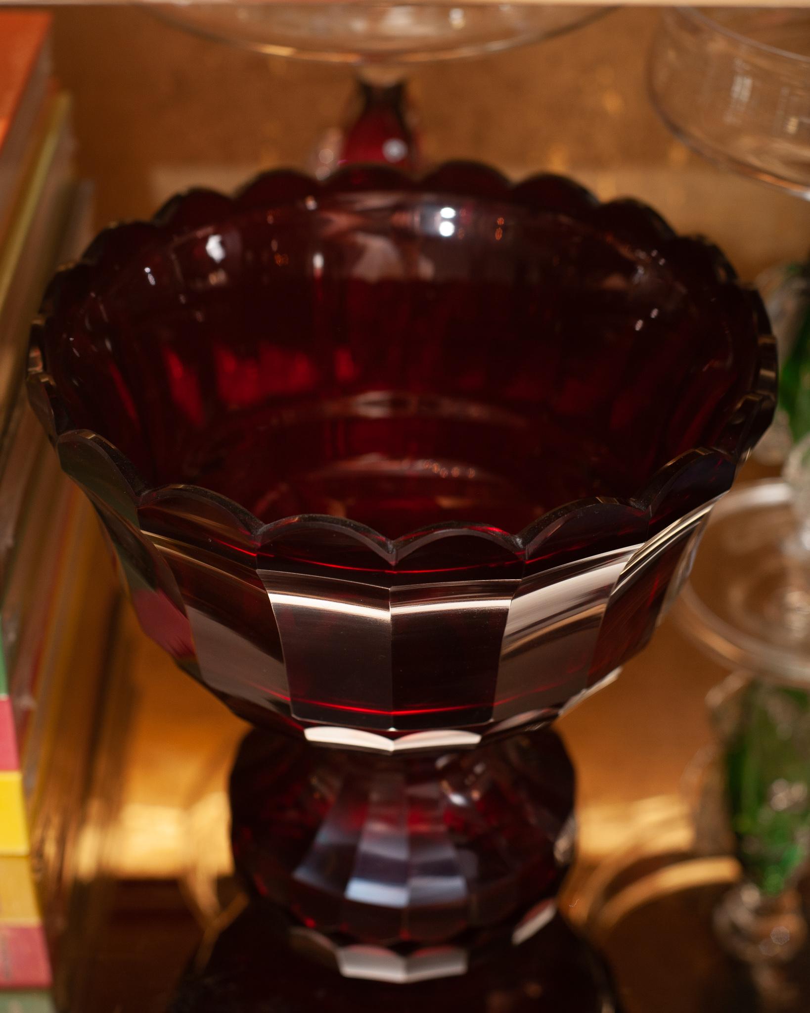 Czech Antique Bohemian Ruby Crystal Bowl with Foot For Sale