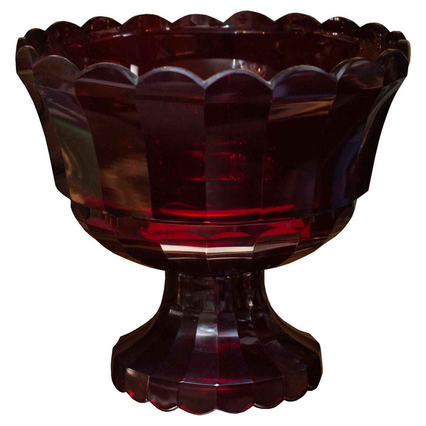 Antique Bohemian Ruby Crystal Bowl with Foot For Sale