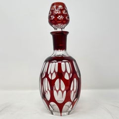 Antique Bohemian Ruby Crystal Cut to Clear Decanter with 6 Glasses, Circa 1900