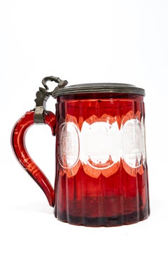 Antique Bohemian Ruby Flash Cut Glass Beer Stein with Pewter Lid and Spa Medalli