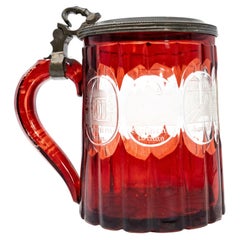 Antique Bohemian Ruby Flash Cut Glass Beer Stein with Pewter Lid and Spa Medalli
