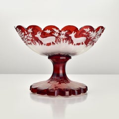 Antique Bohemian Ruby Flashed Crystal Pedestal Bowl with Deer and Forest Scene