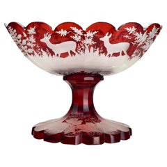 Antique Bohemian Ruby Flashed Crystal Pedestal Bowl with Deer and Forest Scene