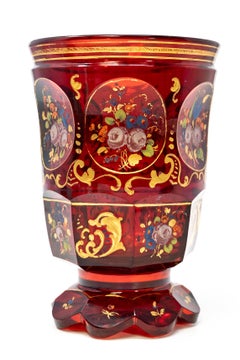Antique Bohemian Ruby Glass Beaker Goblet with Hand-Painted Enamel Floral Bouque