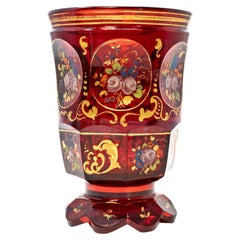 Antique Bohemian Ruby Glass Beaker Goblet with Hand-Painted Enamel Floral Bouque