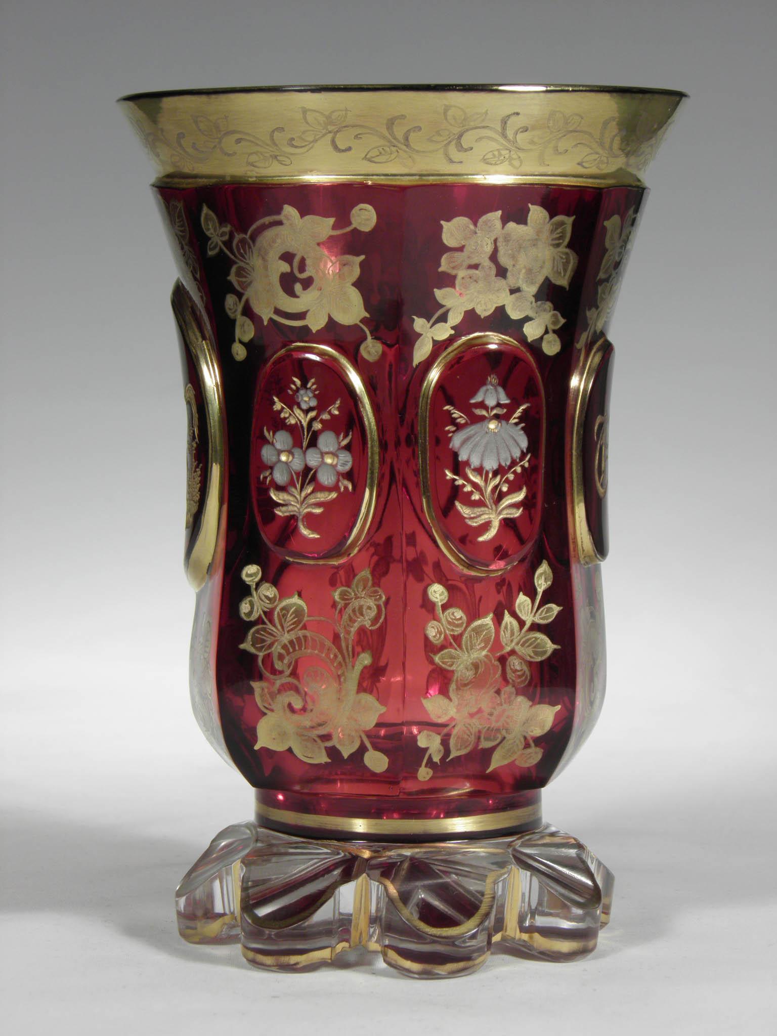 The goblet is hand cut, gilded engraved horse, gilded and silver flowers and gold painting. Ruby glass is rarer, due to the fact that it was stained with gold to have a beautiful red hue, hence the name golden ruby. The cup is in very good